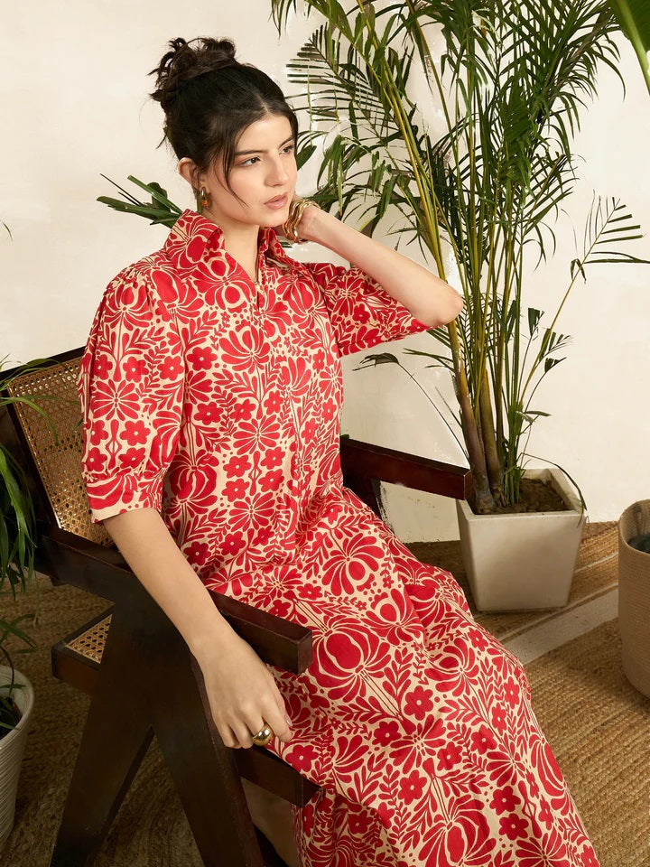 Women’s Red Floral Printed Shirt Collar Maxi Dress with 3/4 Sleeves