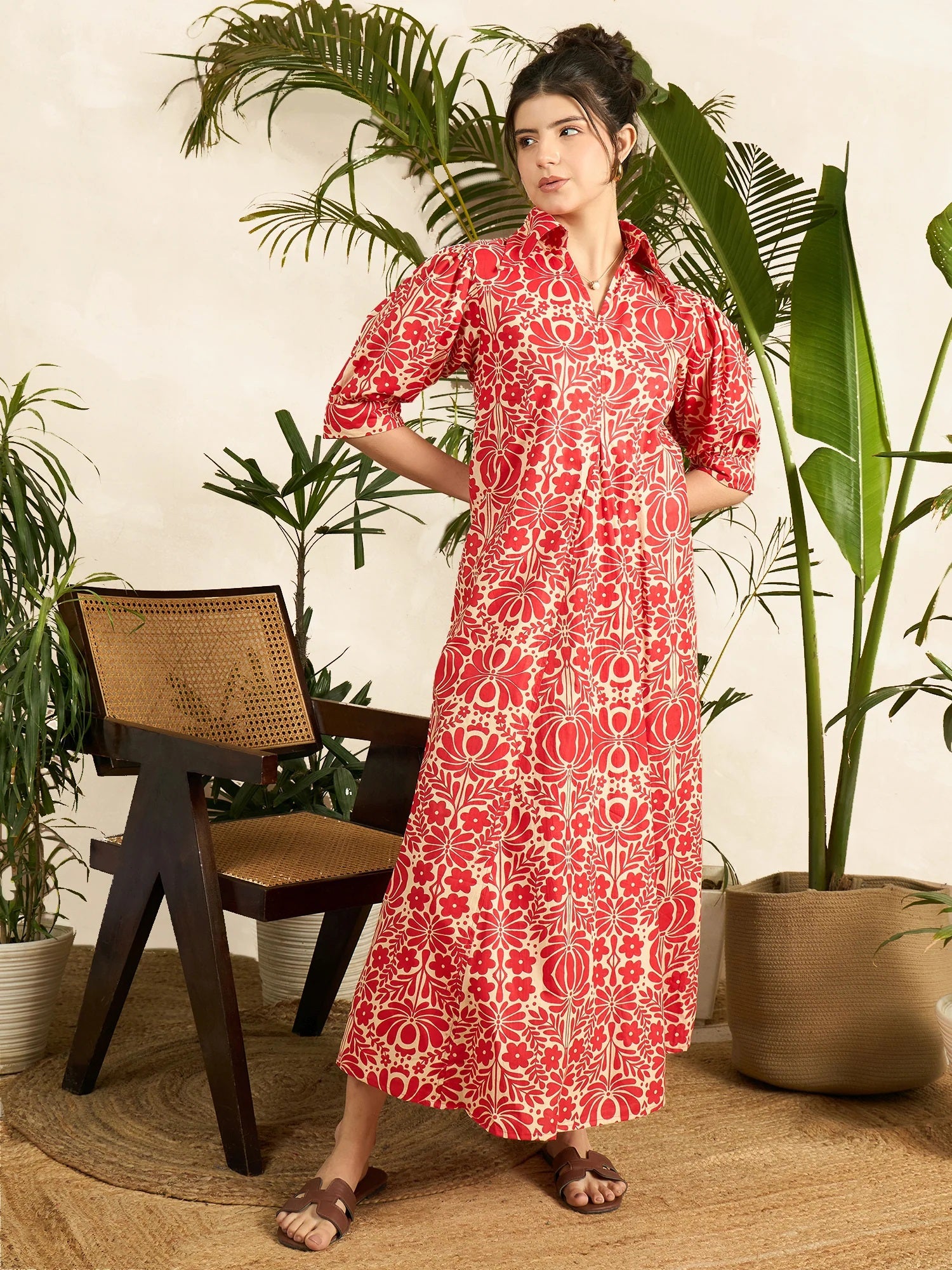 Women’s Red Floral Printed Shirt Collar Maxi Dress with 3/4 Sleeves