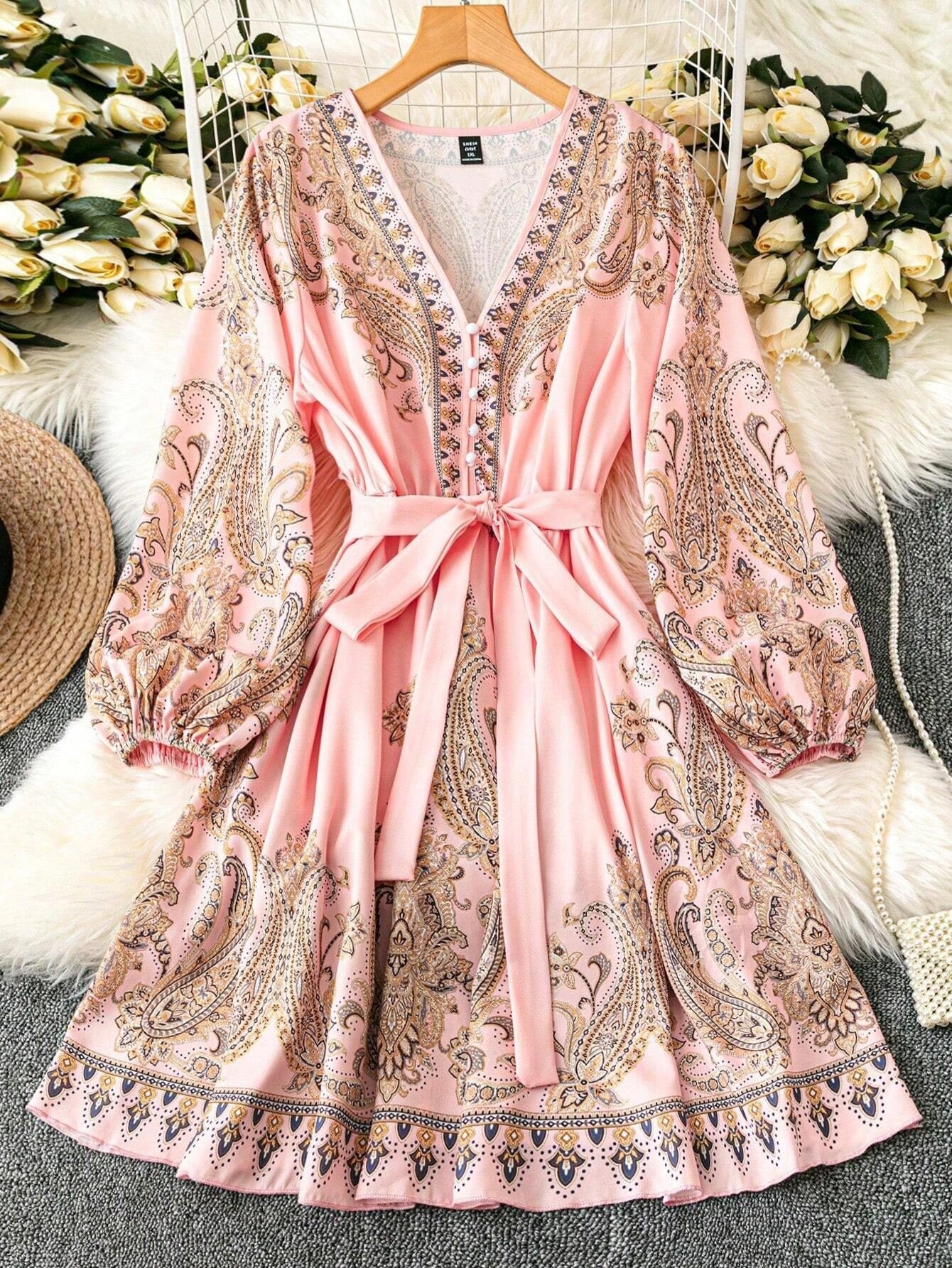 Women’s Pink Paisley Printed V-Neck Mini Dress with Belt & Puff Sleeves