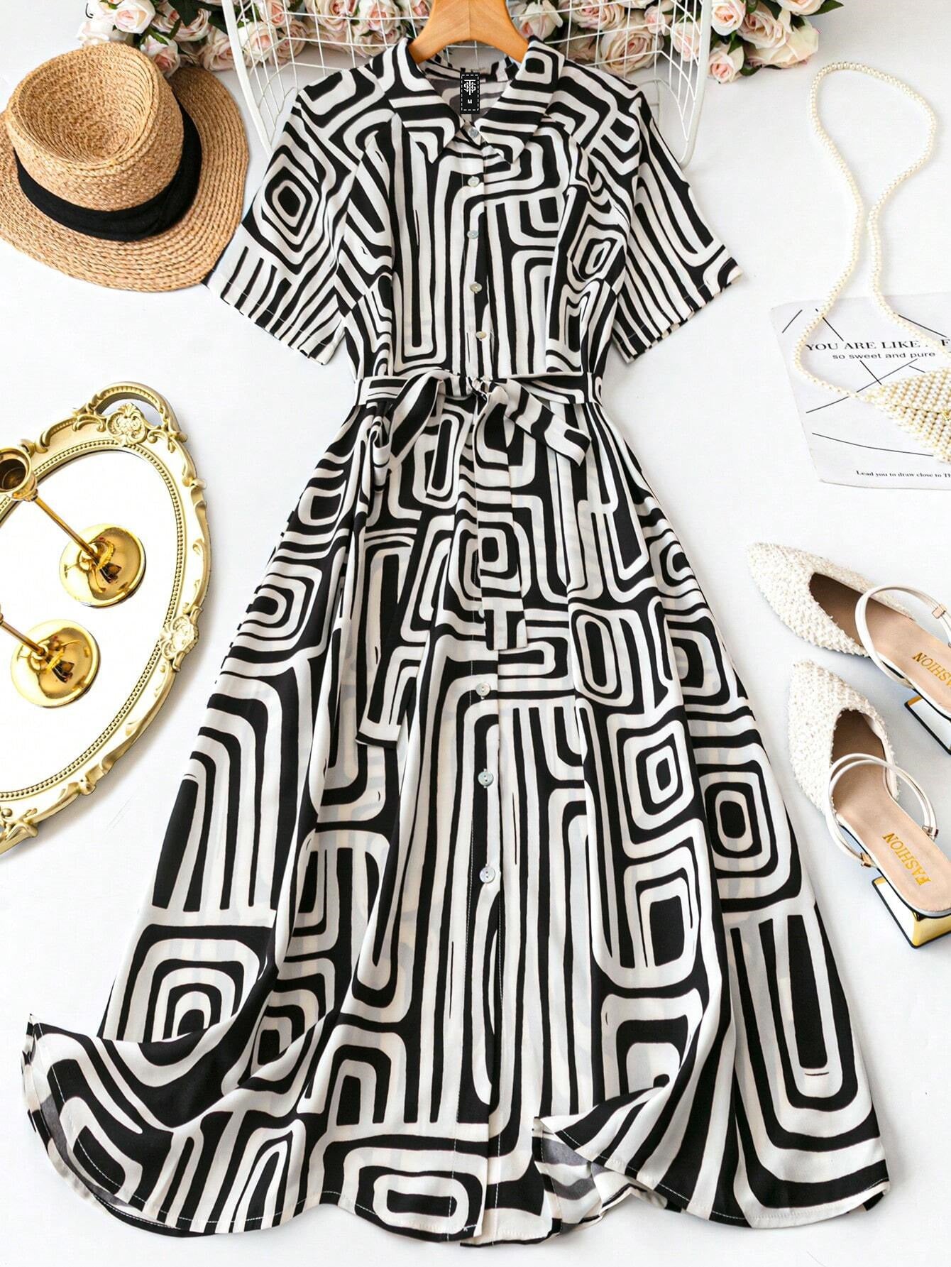 Women’s Black & White Geometric Printed Shirt Collar Midi Dress with Waist Belt & Short Sleeves