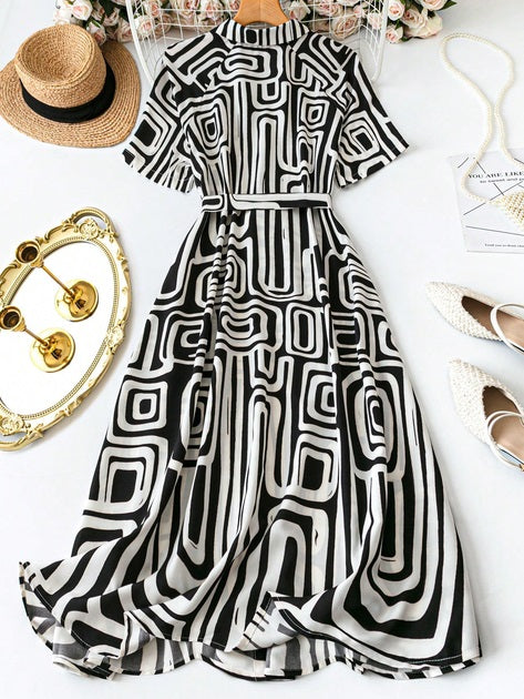 Women’s Black & White Geometric Printed Shirt Collar Midi Dress with Waist Belt & Short Sleeves