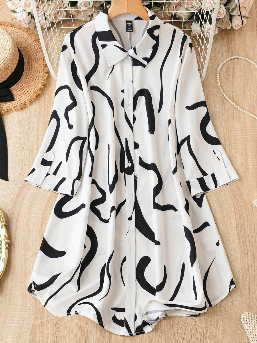 Women’s Abstract Print Black & White Shirt Collar Mini Dress with Roll-Up Sleeves