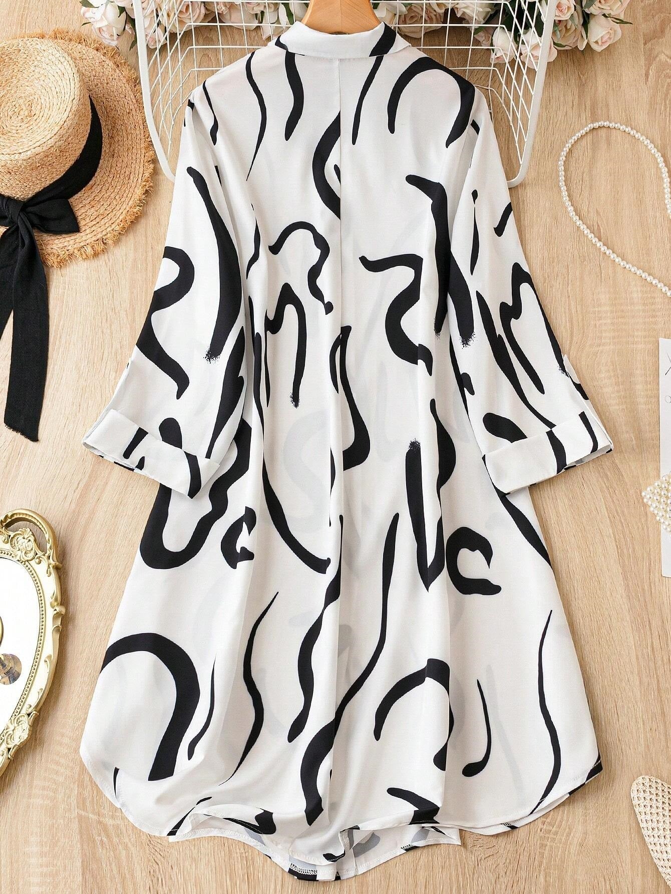 Women’s Abstract Print Black & White Shirt Collar Mini Dress with Roll-Up Sleeves