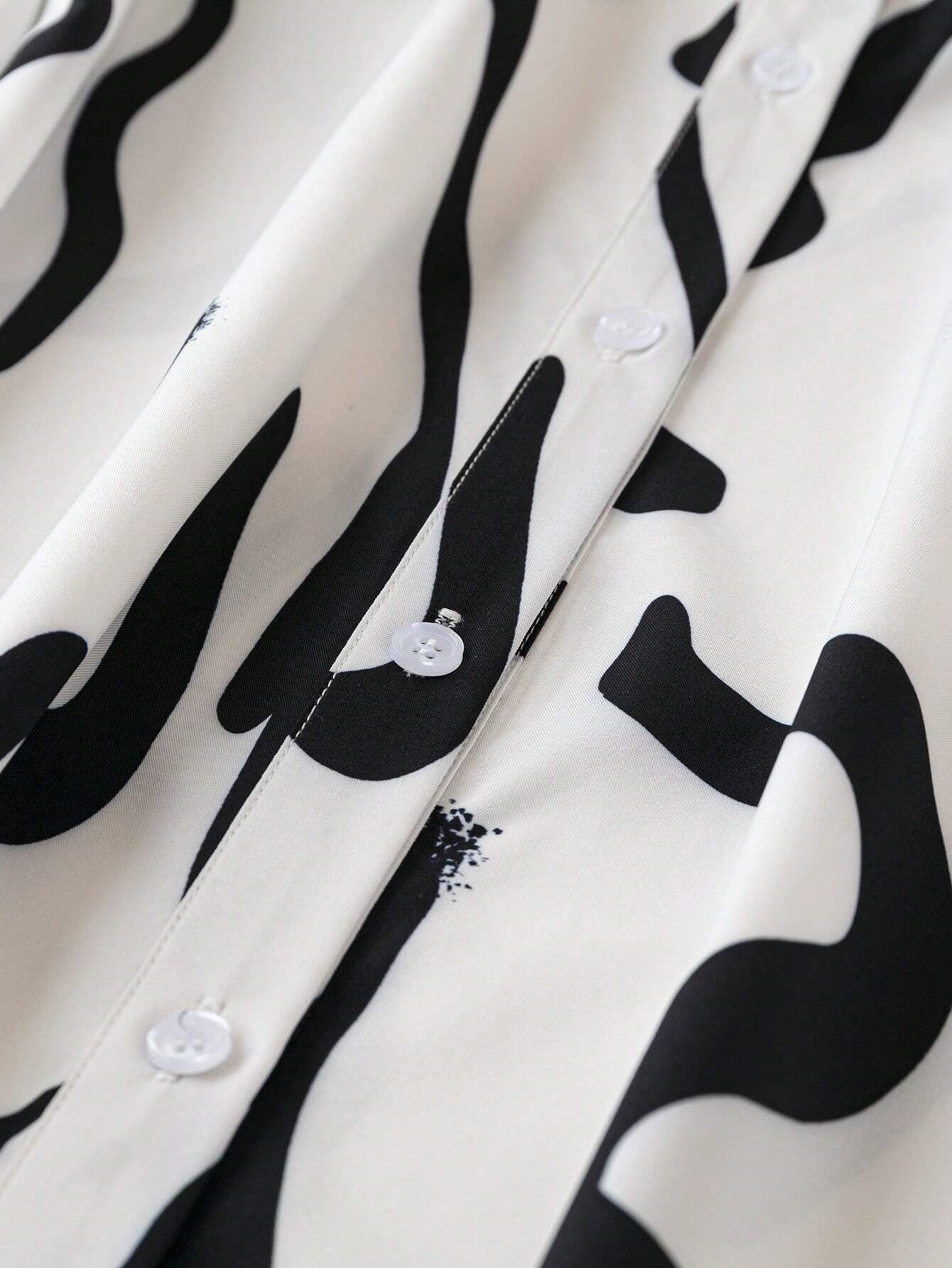 Women’s Abstract Print Black & White Shirt Collar Mini Dress with Roll-Up Sleeves