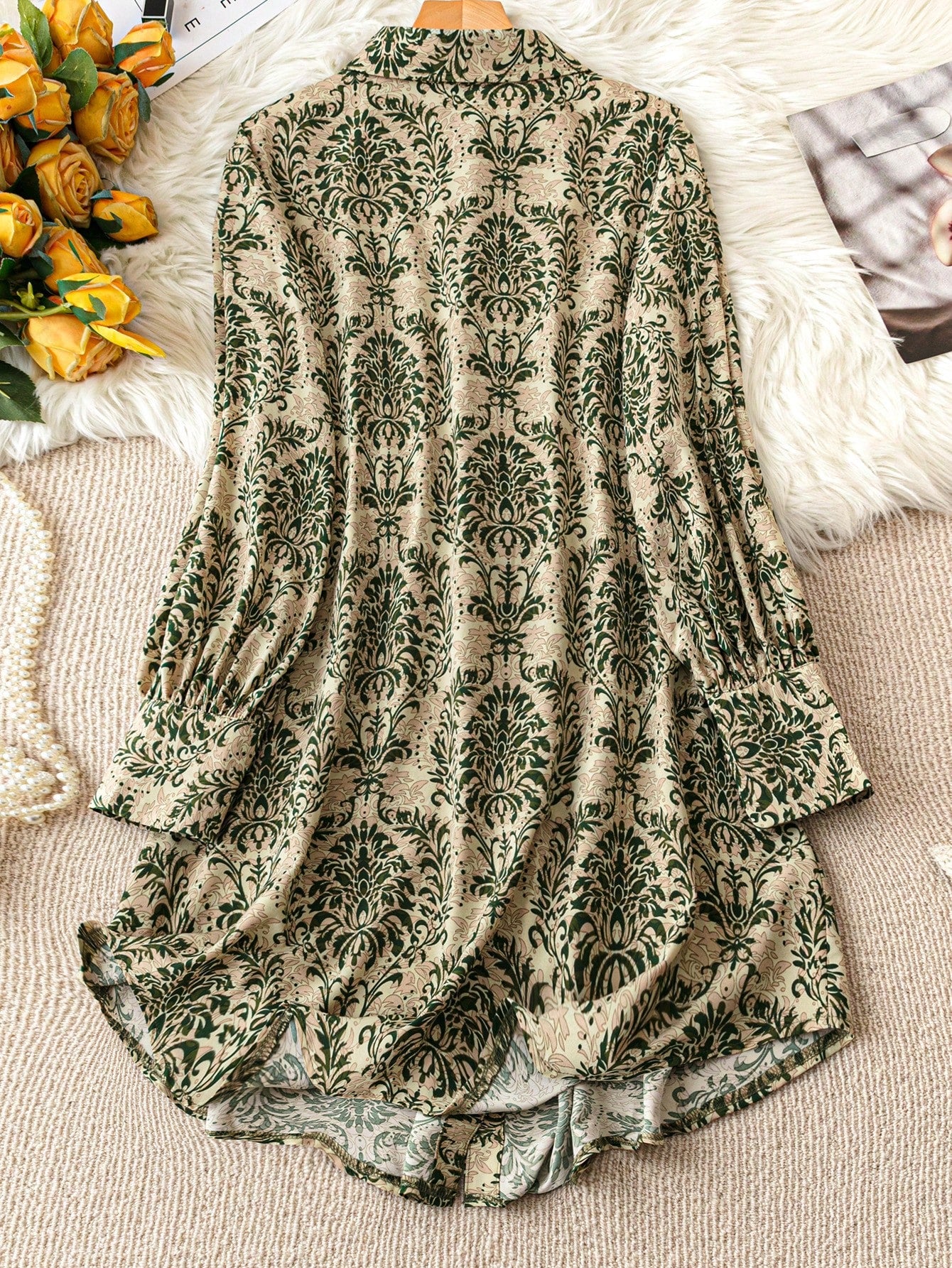 Women’s Green Damask Printed Shirt Collar Mini Dress