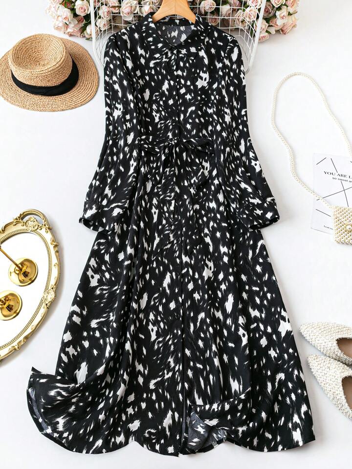 Women Printed Fit & Flare Long Dress with Waist Tie & Full Sleeves