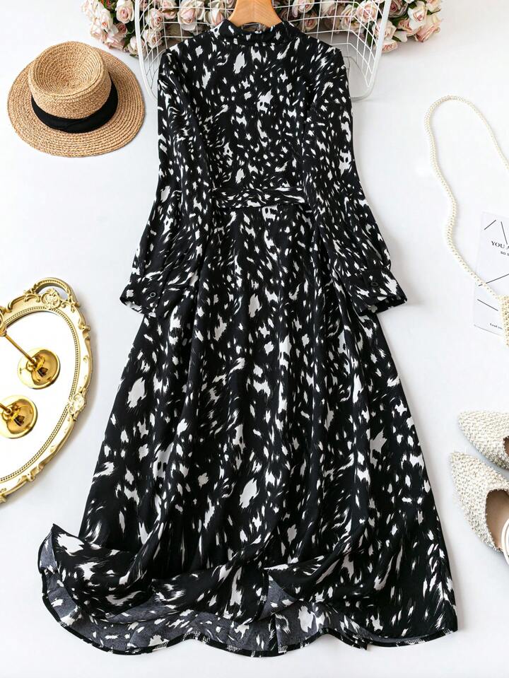 Women Printed Fit & Flare Long Dress with Waist Tie & Full Sleeves