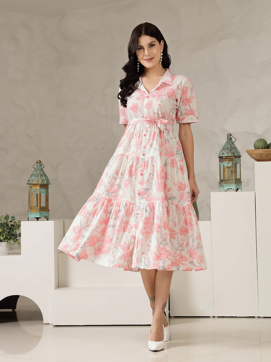 Women’s Pink & White Floral Printed Fit and Flare Midi Dress