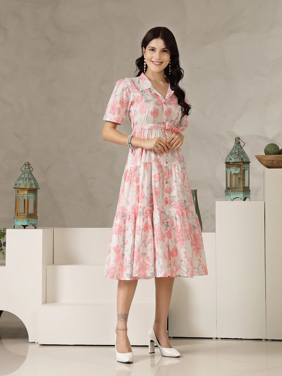Women’s Pink & White Floral Printed Fit and Flare Midi Dress
