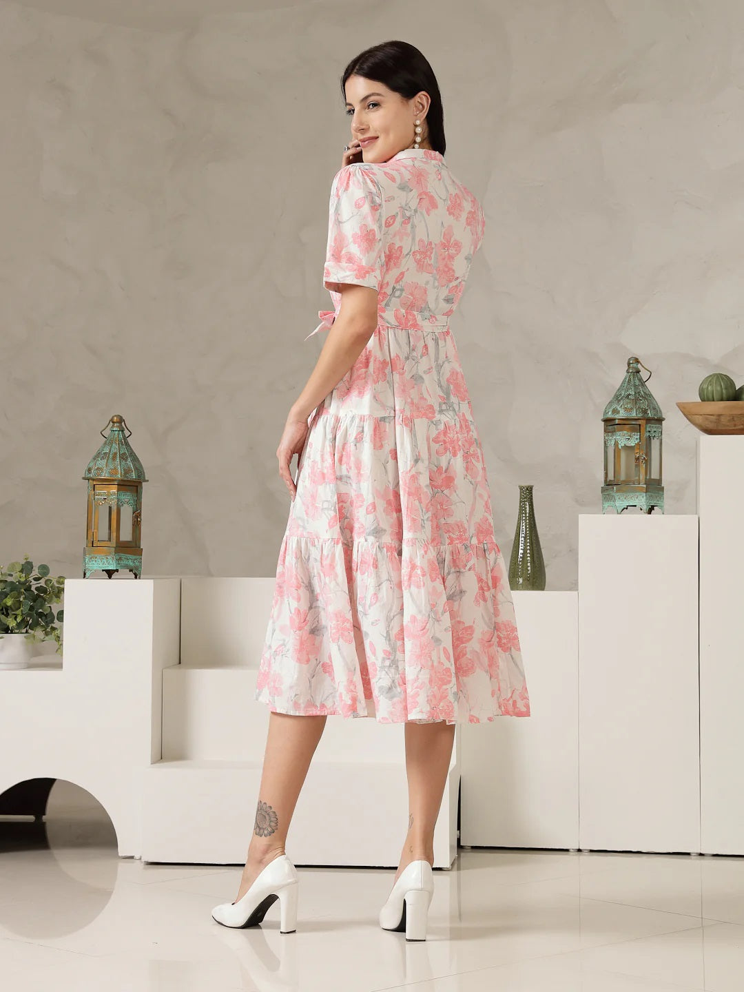 Women’s Pink & White Floral Printed Fit and Flare Midi Dress