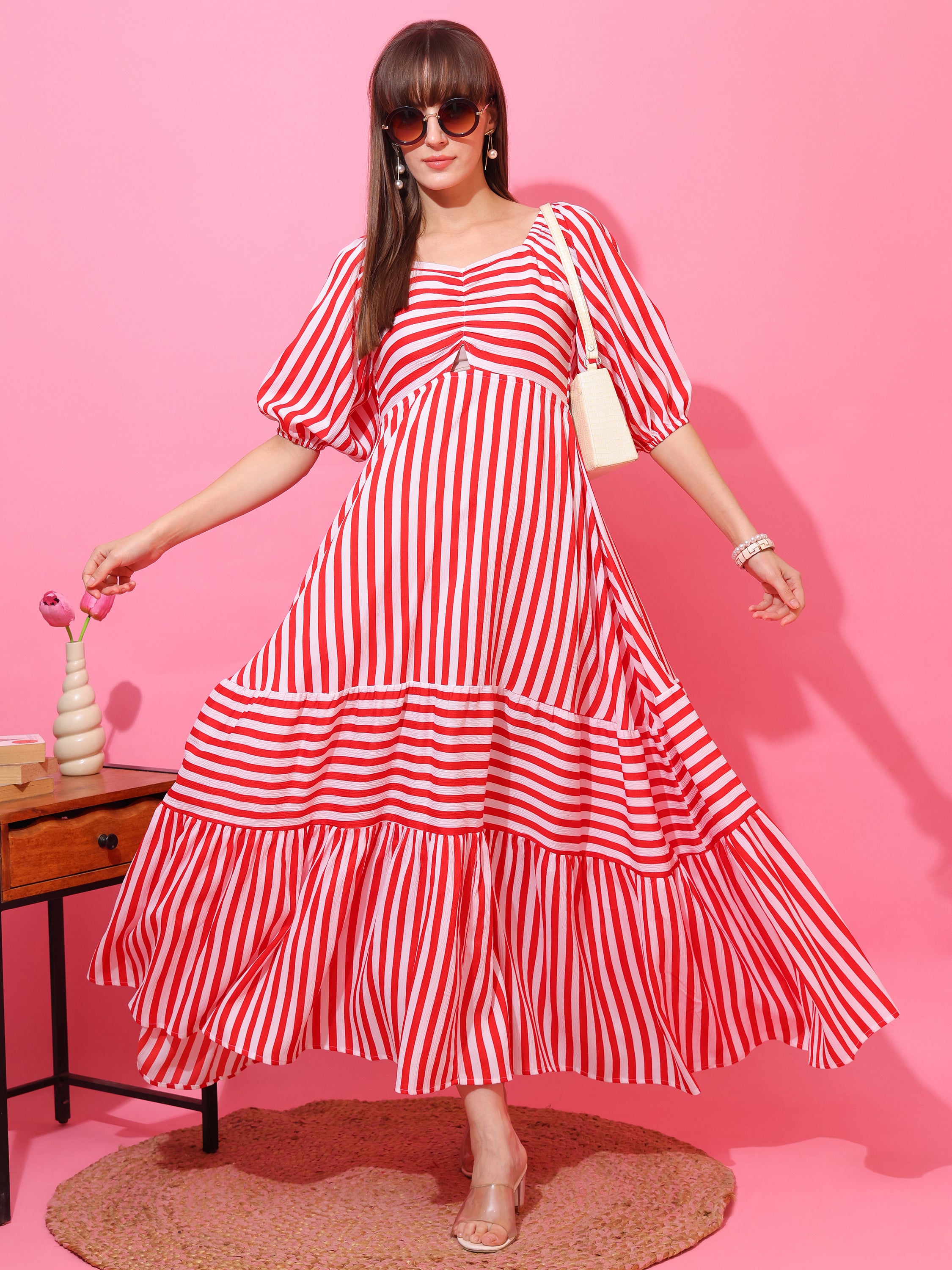 Women Striped Printed Fit & Flare Maxi Dress with Puff Sleeves