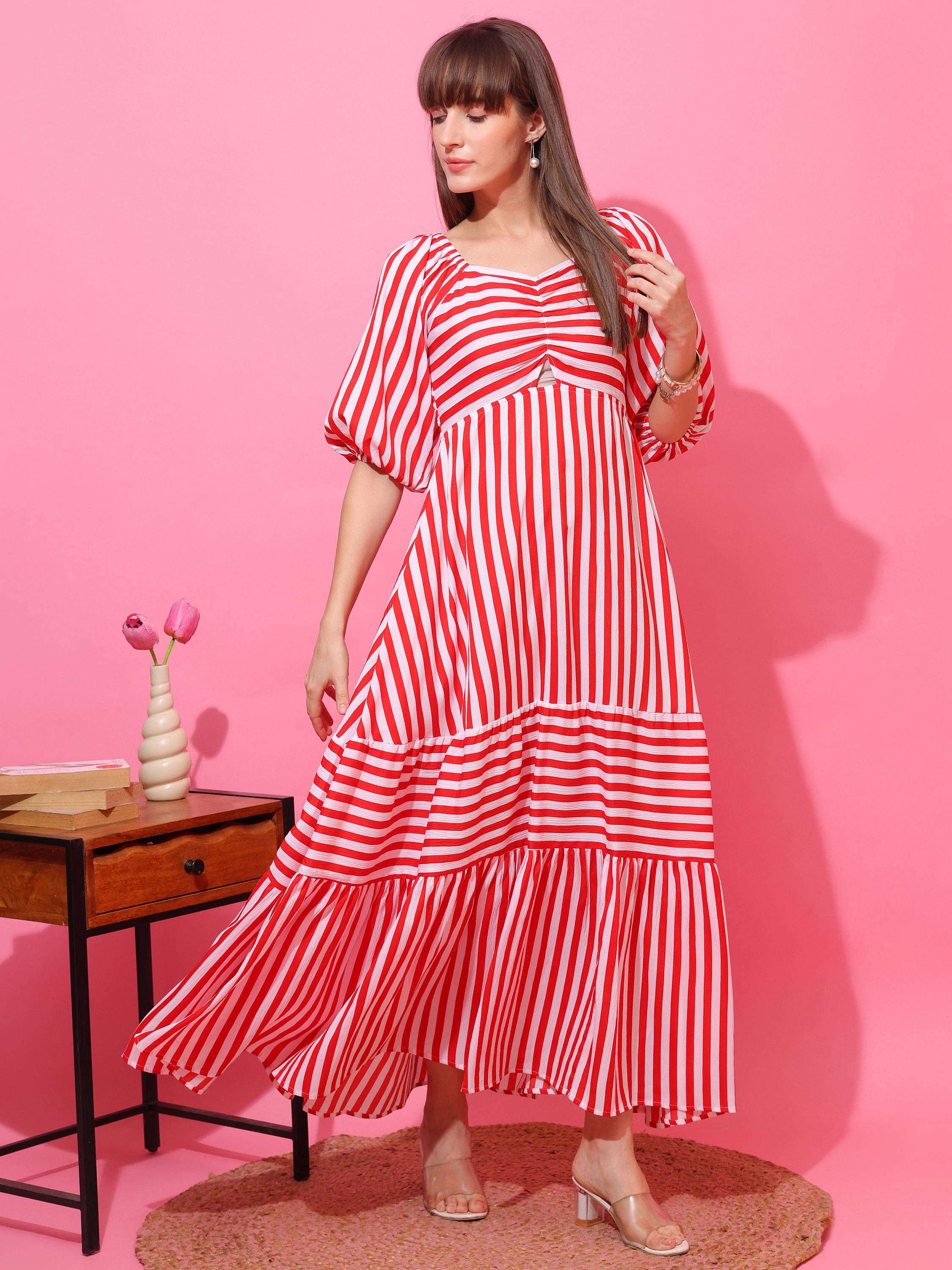Women Striped Printed Fit & Flare Maxi Dress with Puff Sleeves