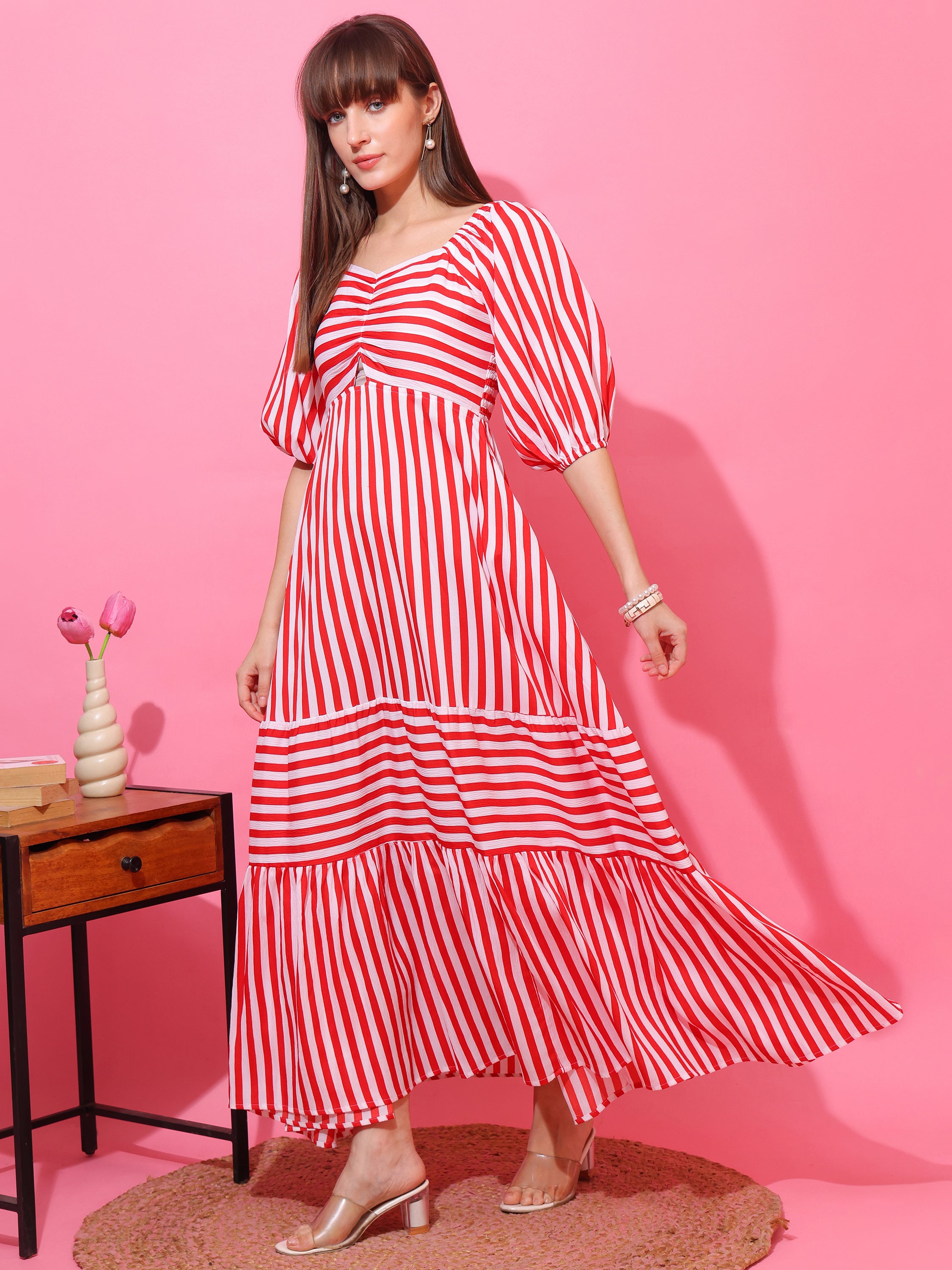Women Striped Printed Fit & Flare Maxi Dress with Puff Sleeves