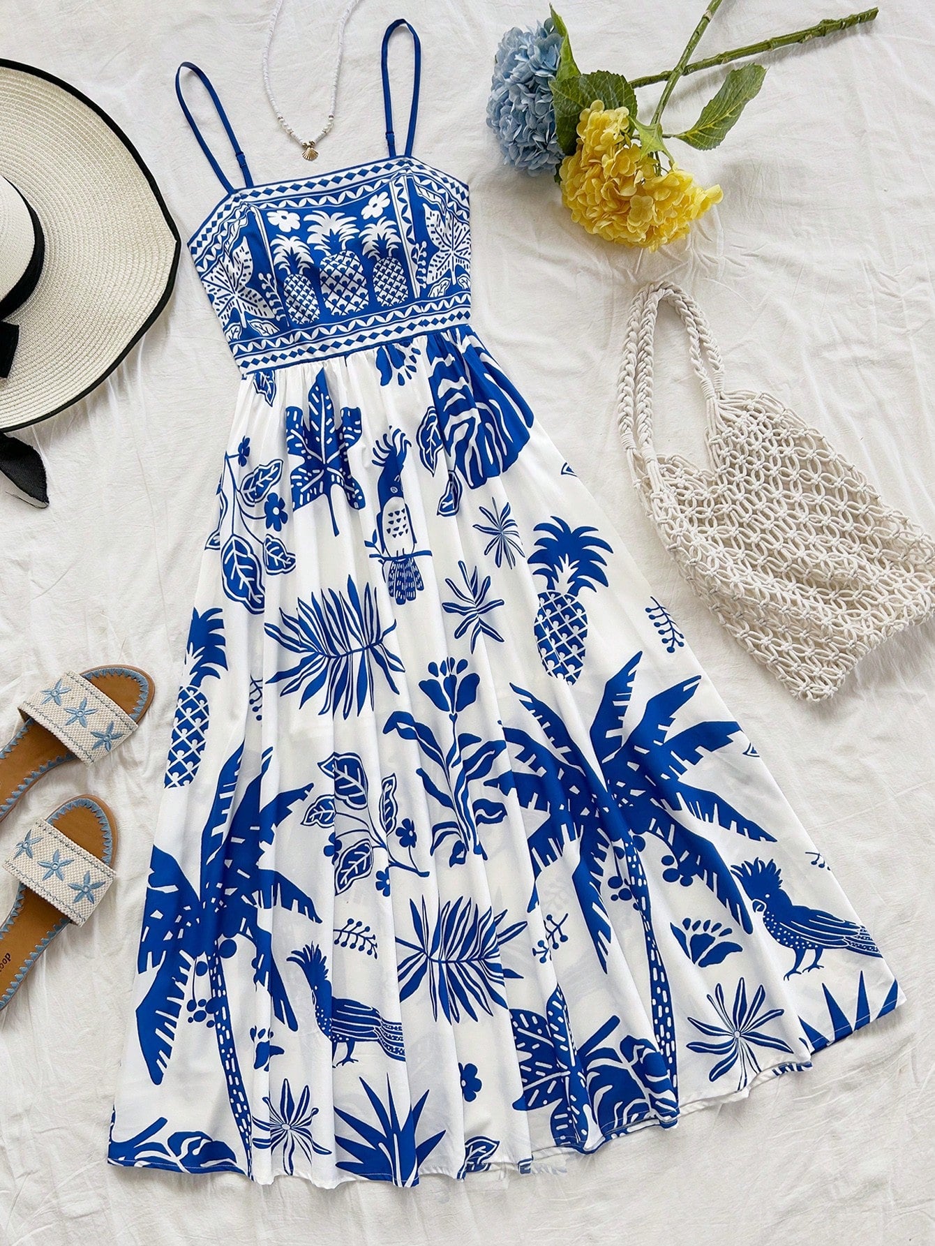 Women's Blue & White Tropical Print Sleeveless Square Neck Maxi Dress
