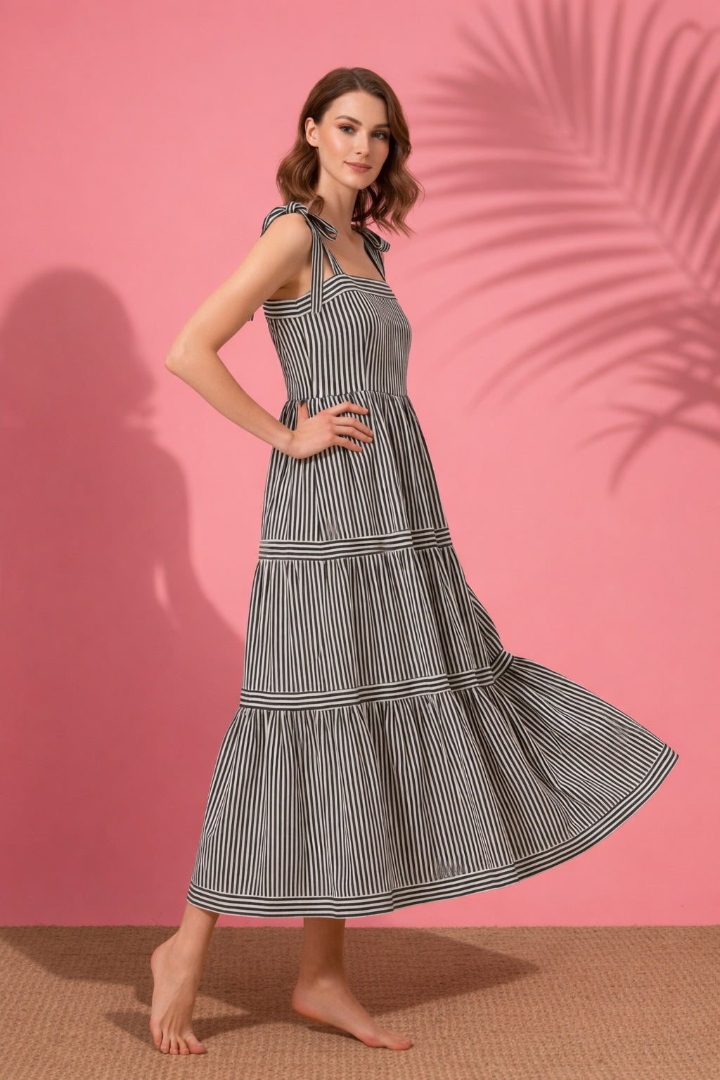 Women Black & White Striped Midi Dress With Sleeveless Square Neck Dress