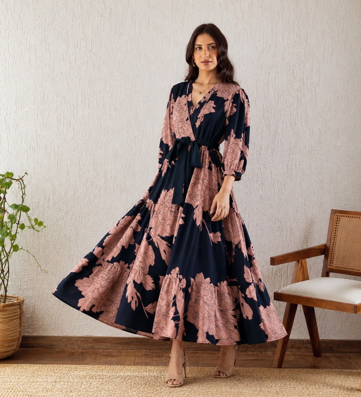 Women’s Black Floral Printed Wrap Style Maxi Dress V-Neck Fit & Flare Dress with Waist Tie-Up Belt and 3/4 Puff Sleeves