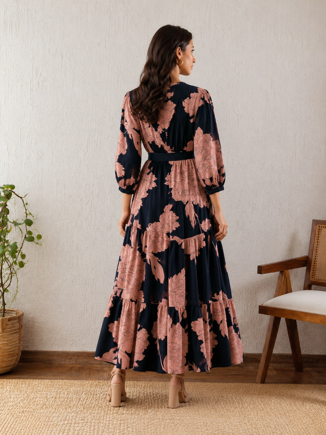 Women’s Black Floral Printed Wrap Style Maxi Dress V-Neck Fit & Flare Dress with Waist Tie-Up Belt and 3/4 Puff Sleeves