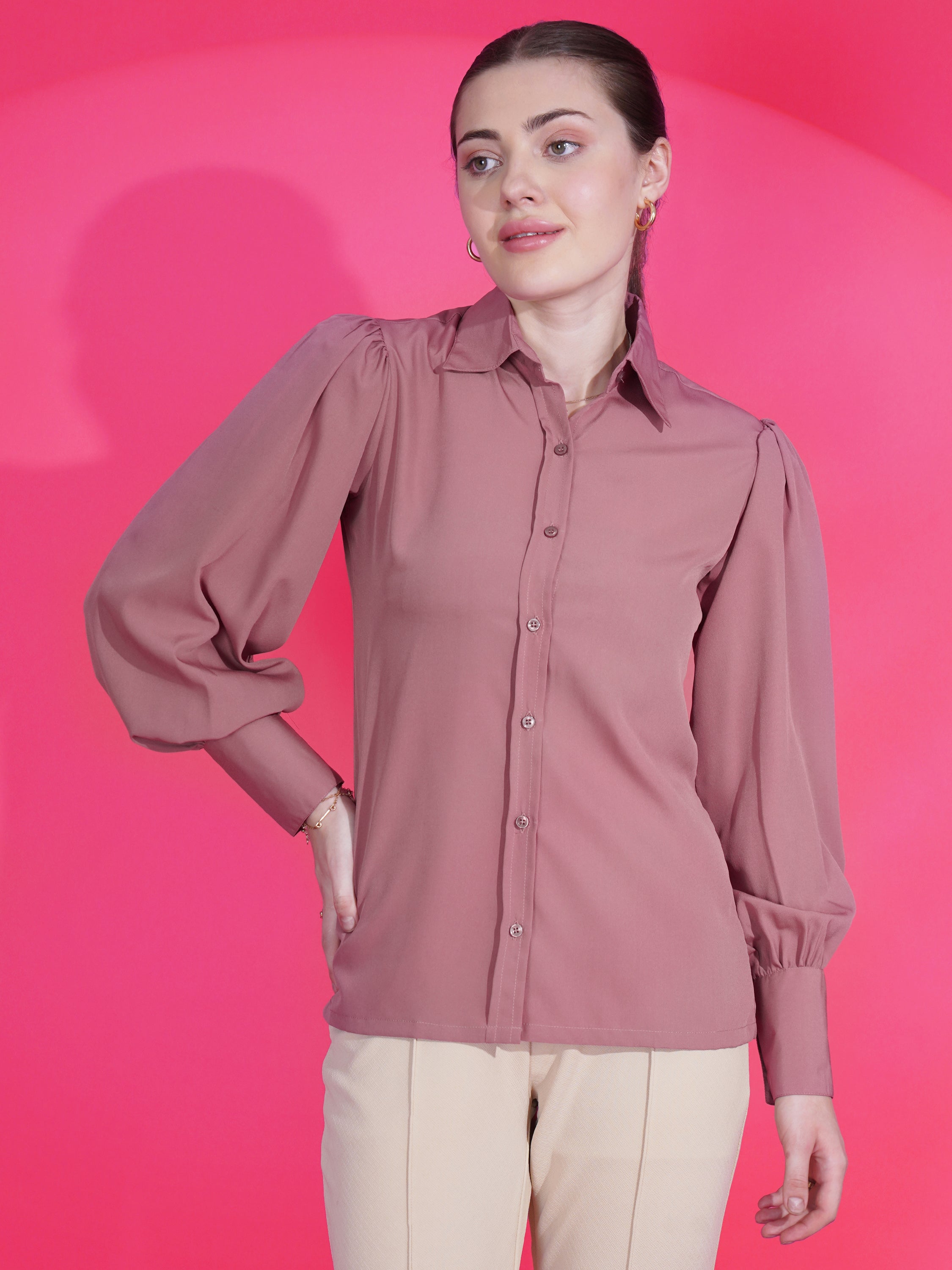 Women Trendy Regular Fit Solid Spread Collar Casual Shirt