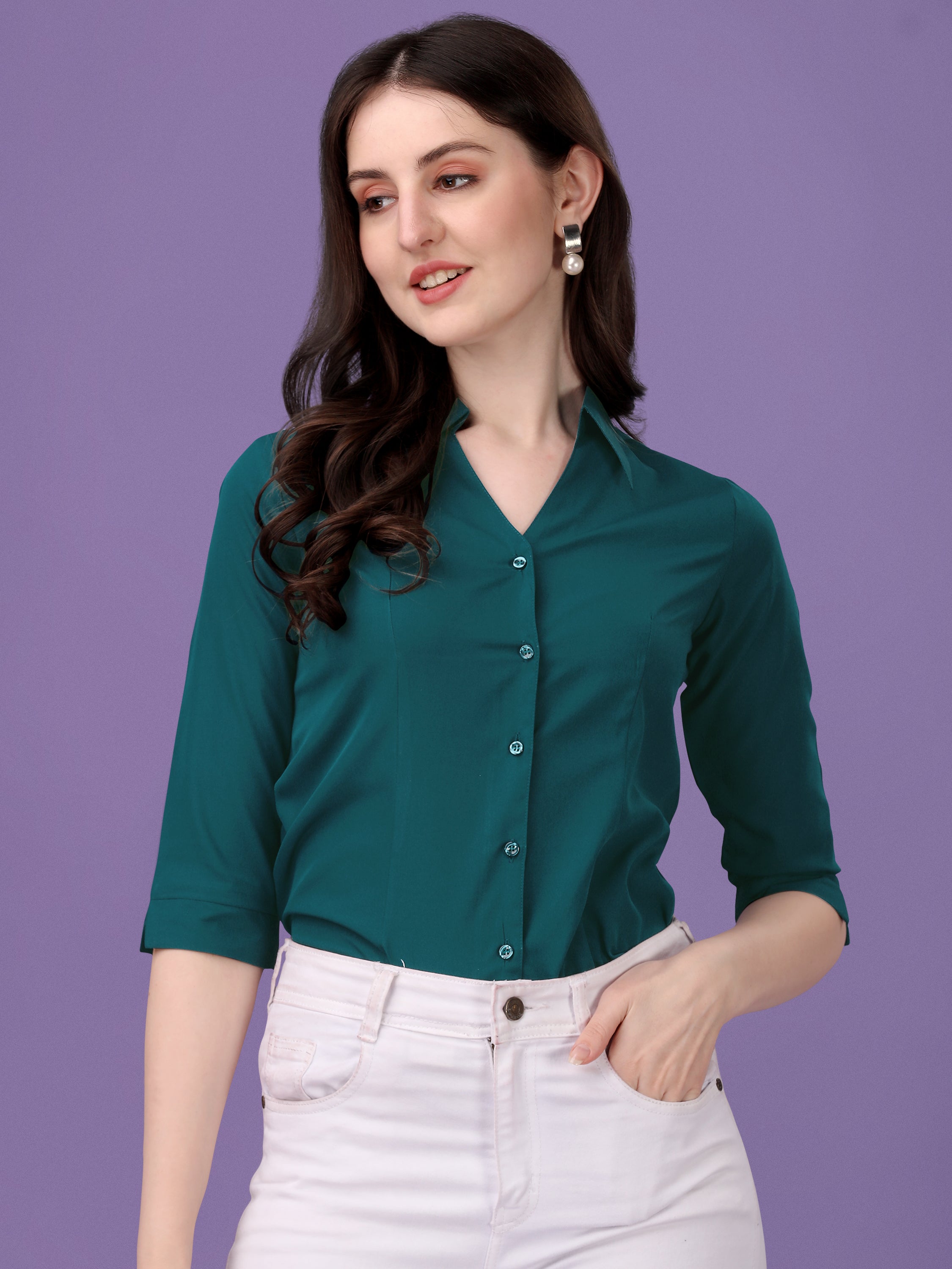 Women Regular Fit V-neck Collar Casual Solid Shirt