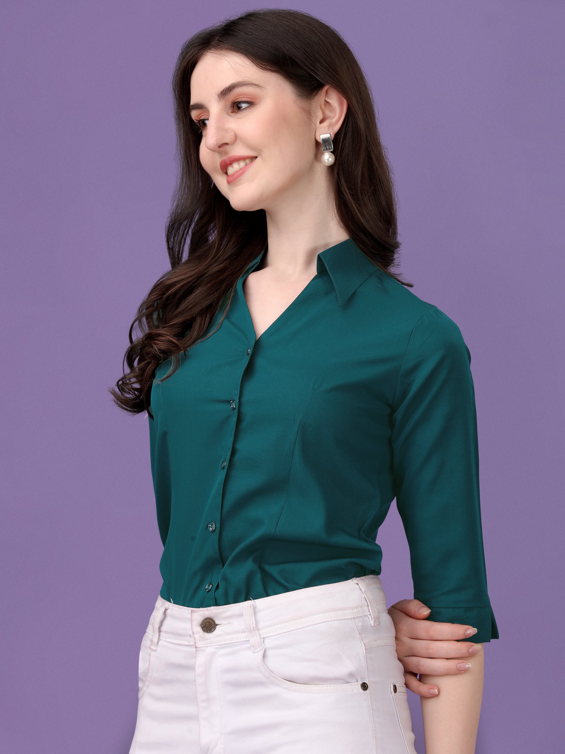 Women Regular Fit V-neck Collar Casual Solid Shirt