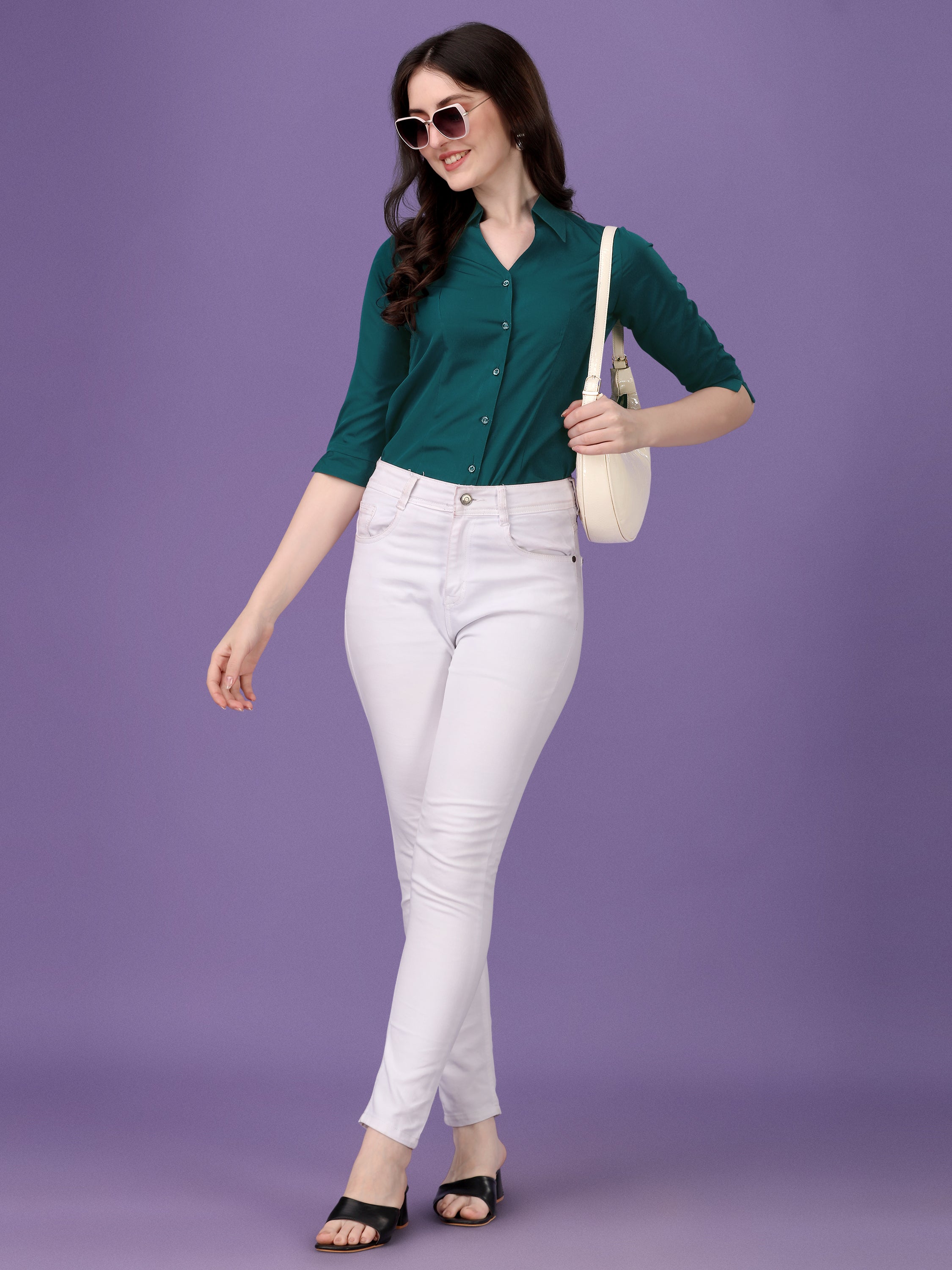 Women Regular Fit V-neck Collar Casual Solid Shirt