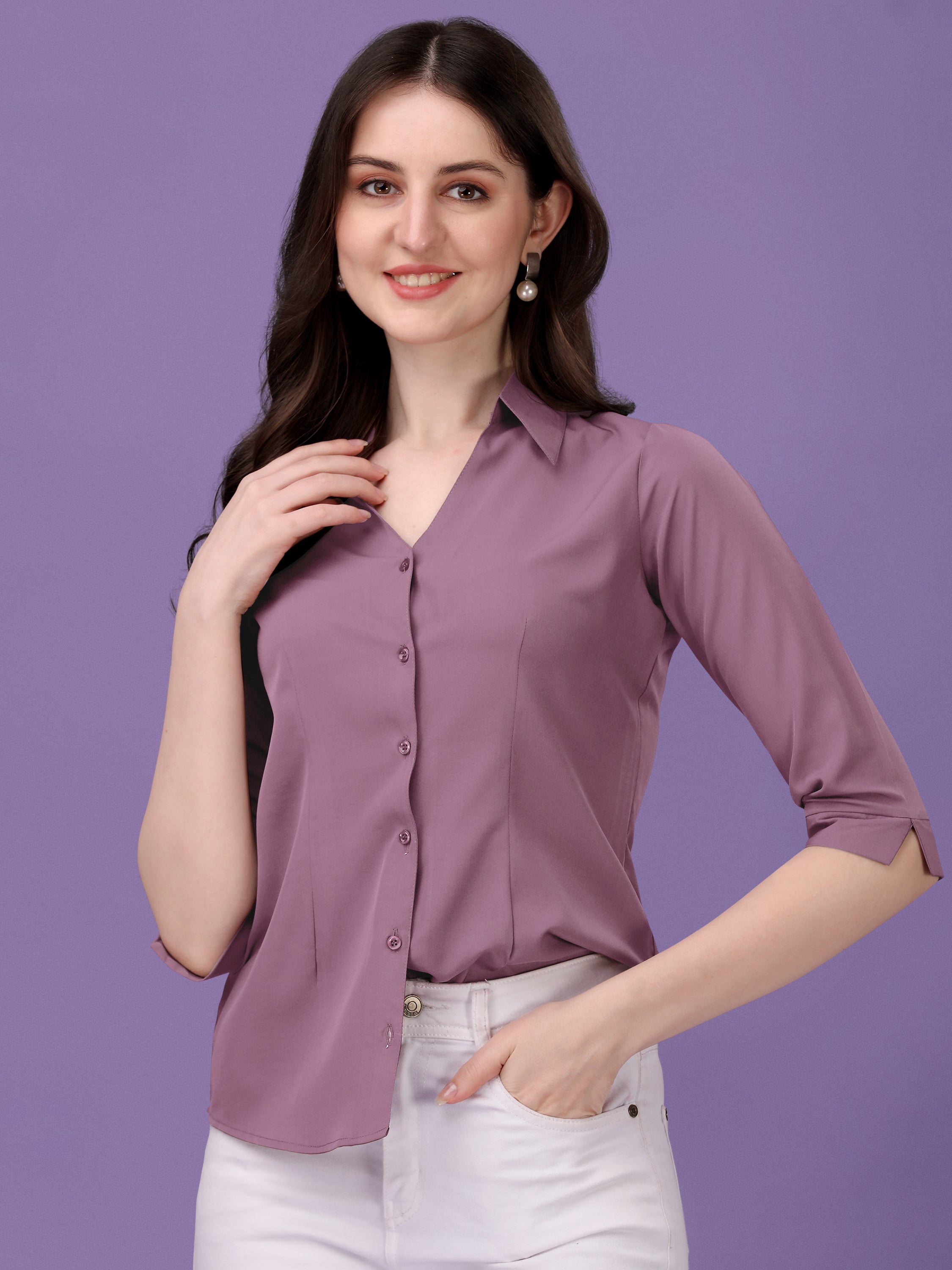 Women Regular Fit V-neck Collar Casual Solid Shirt