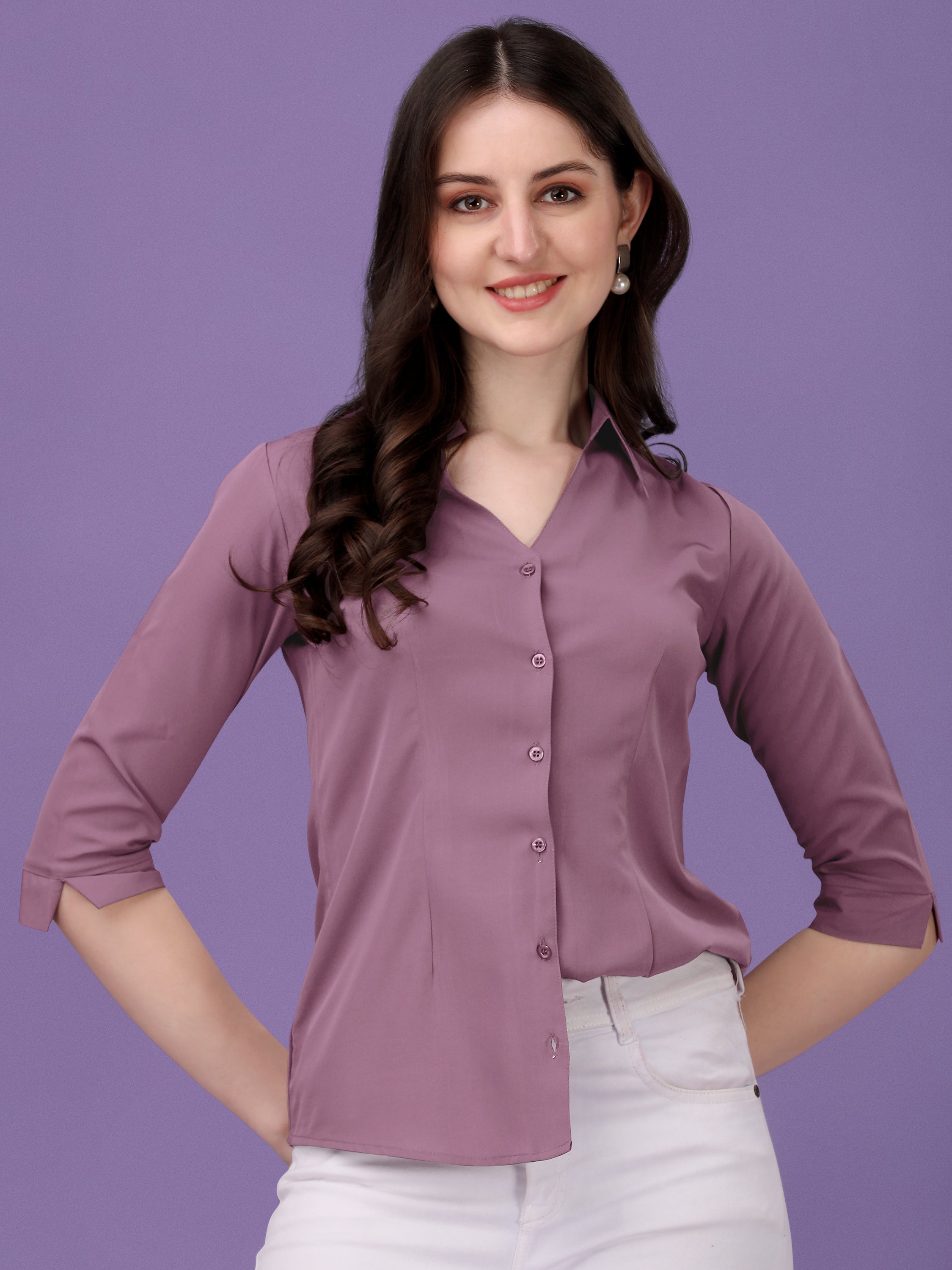 Women Regular Fit V-neck Collar Casual Solid Shirt