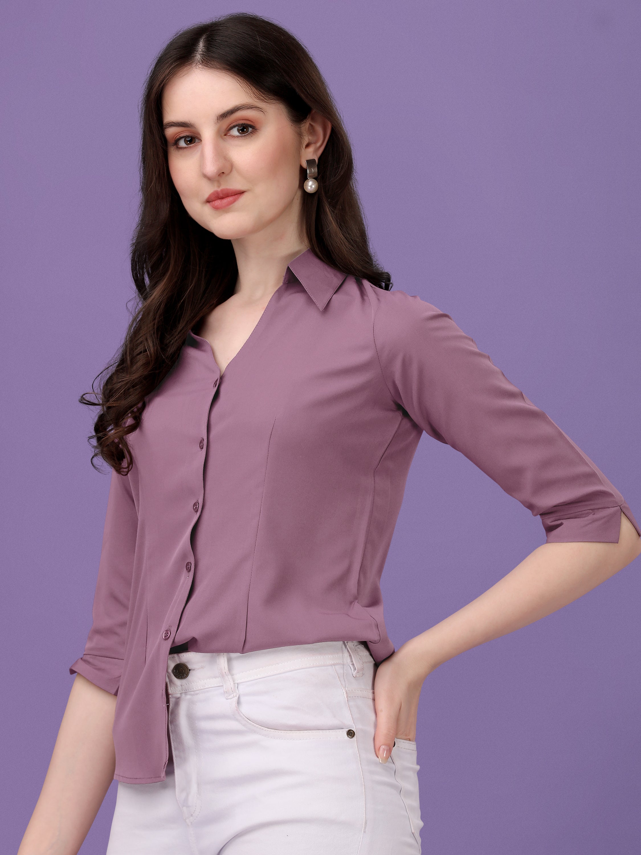 Women Regular Fit V-neck Collar Casual Solid Shirt