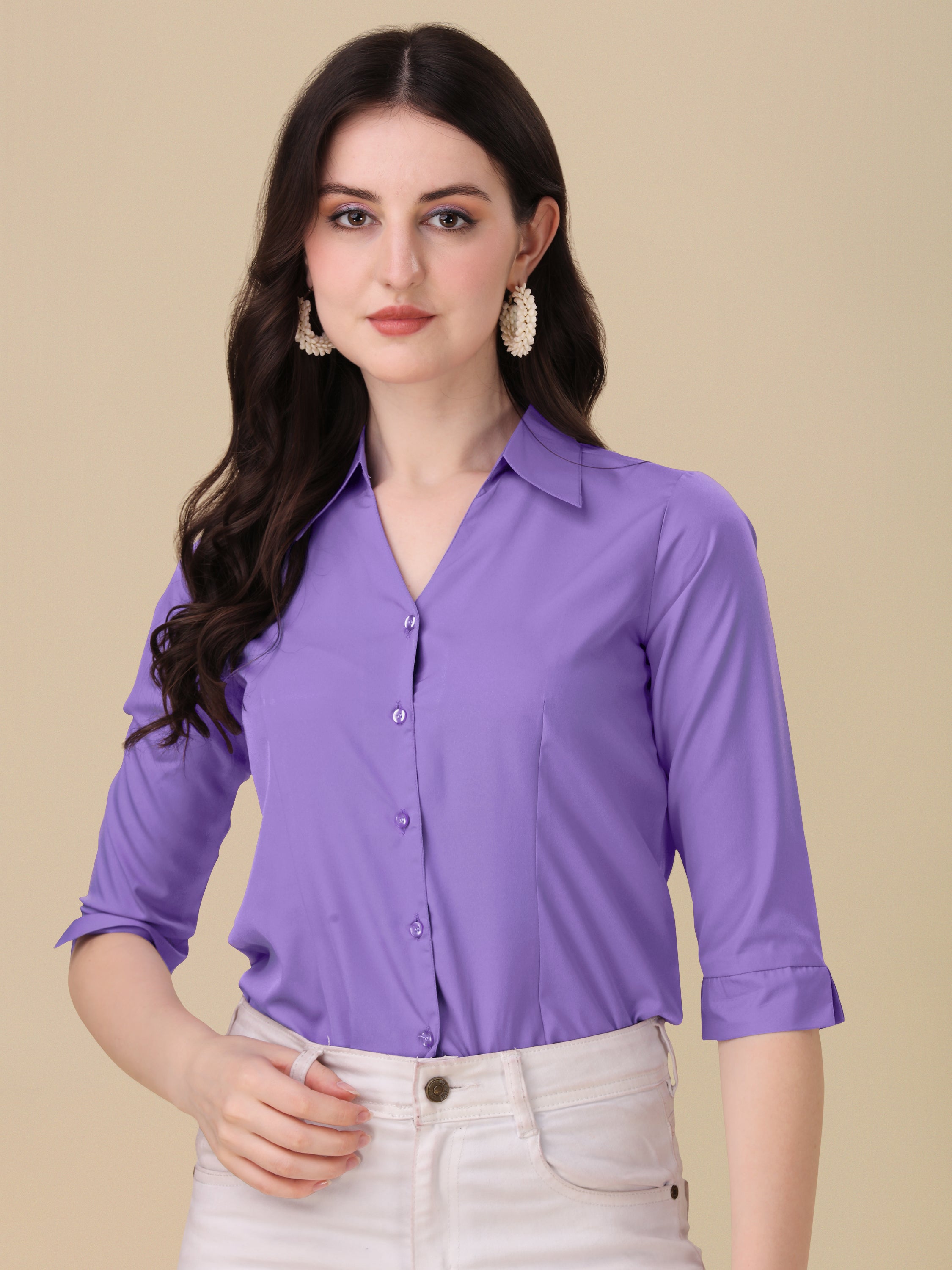 Women Regular Fit V-neck Collar Casual Solid Shirt