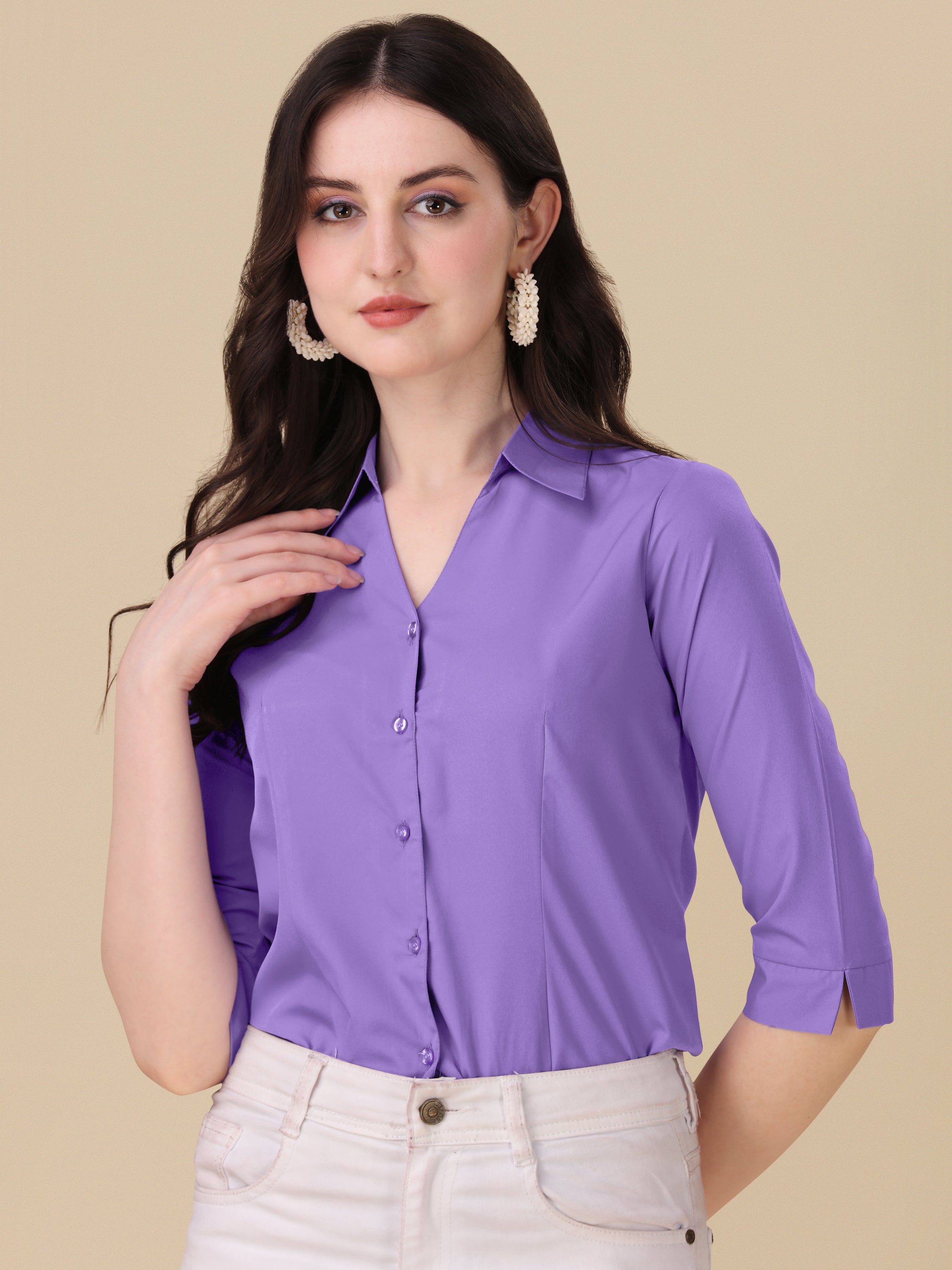 Women Regular Fit V-neck Collar Casual Solid Shirt