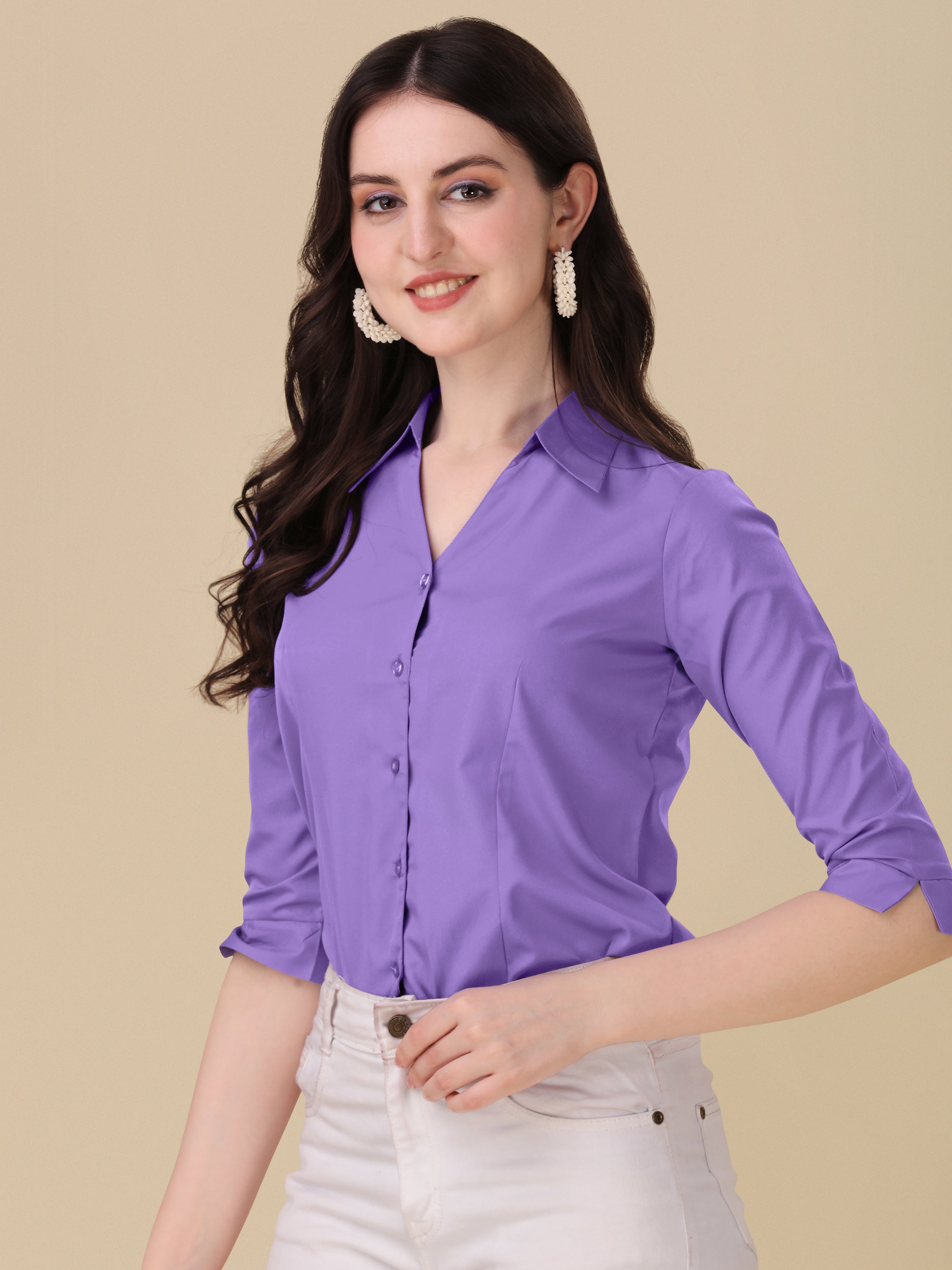 Women Regular Fit V-neck Collar Casual Solid Shirt