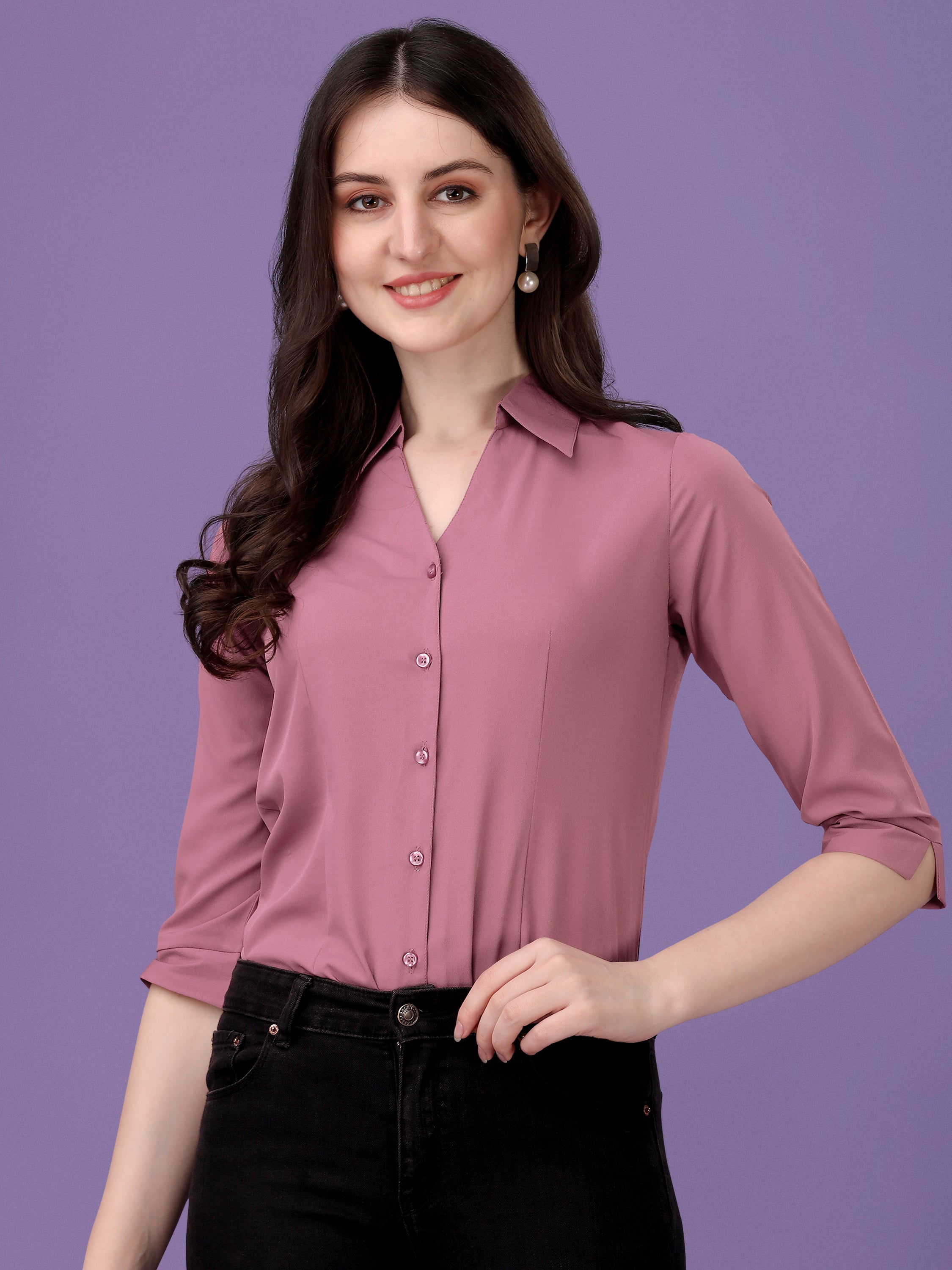 Women Regular Fit V-neck Collar Casual Solid Shirt