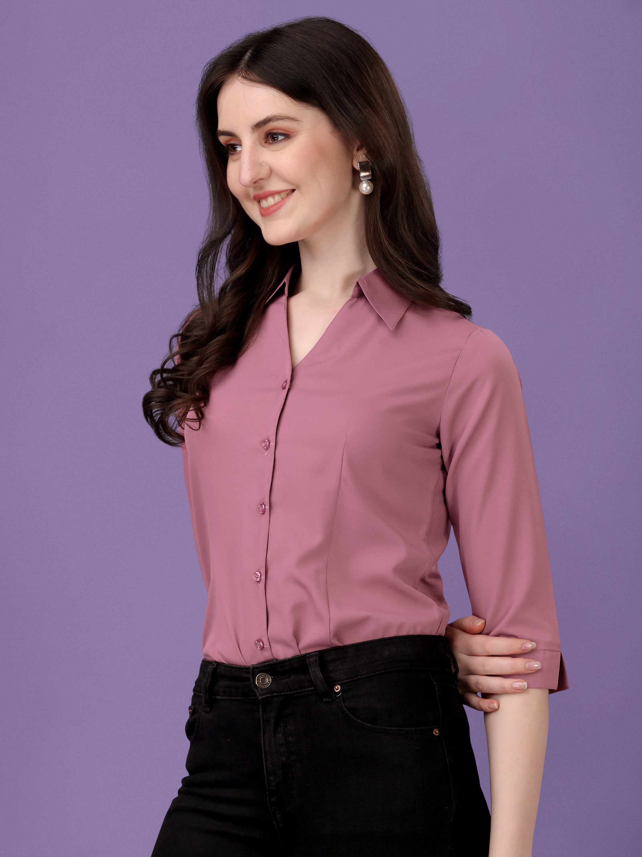 Women Regular Fit V-neck Collar Casual Solid Shirt