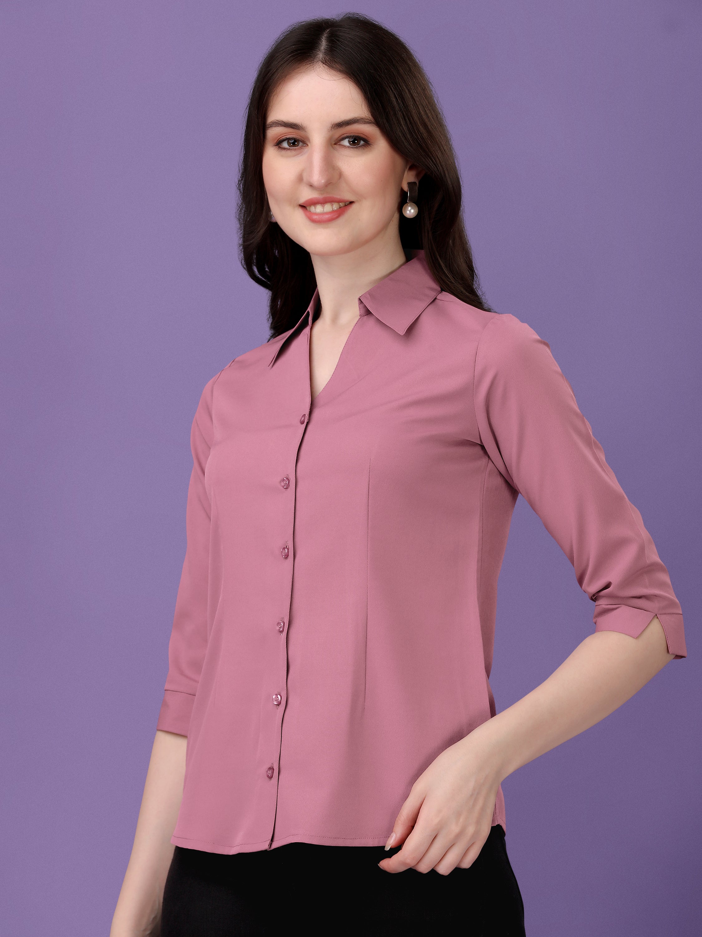 Women Regular Fit V-neck Collar Casual Solid Shirt