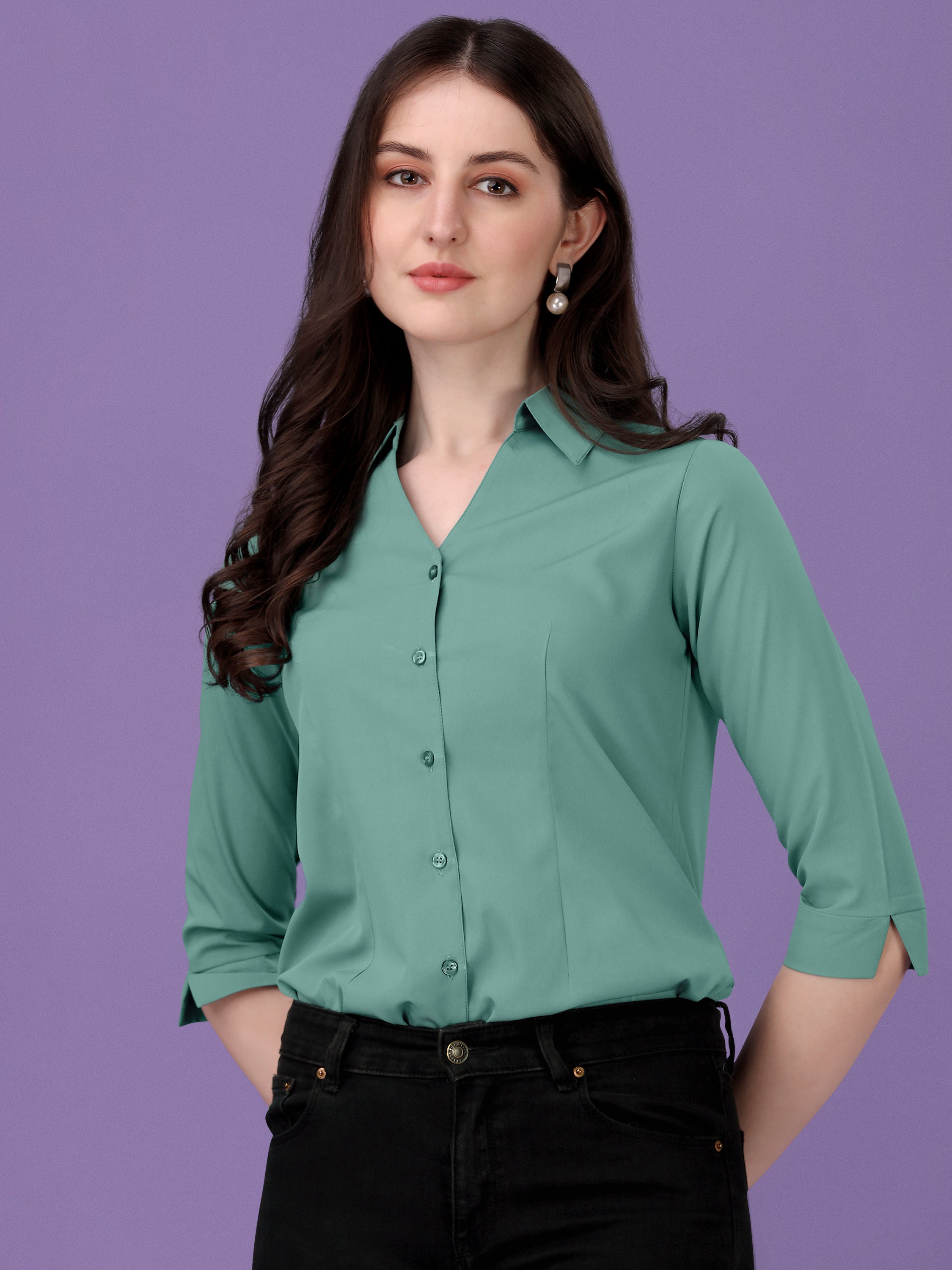 Women Regular Fit V-neck Collar Casual Solid Shirt