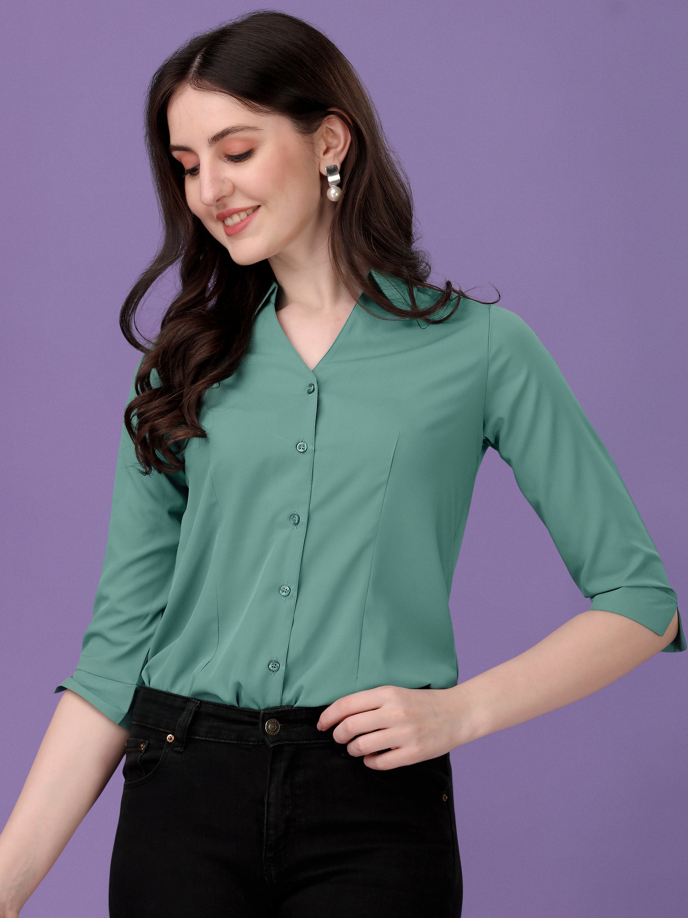 Women Regular Fit V-neck Collar Casual Solid Shirt