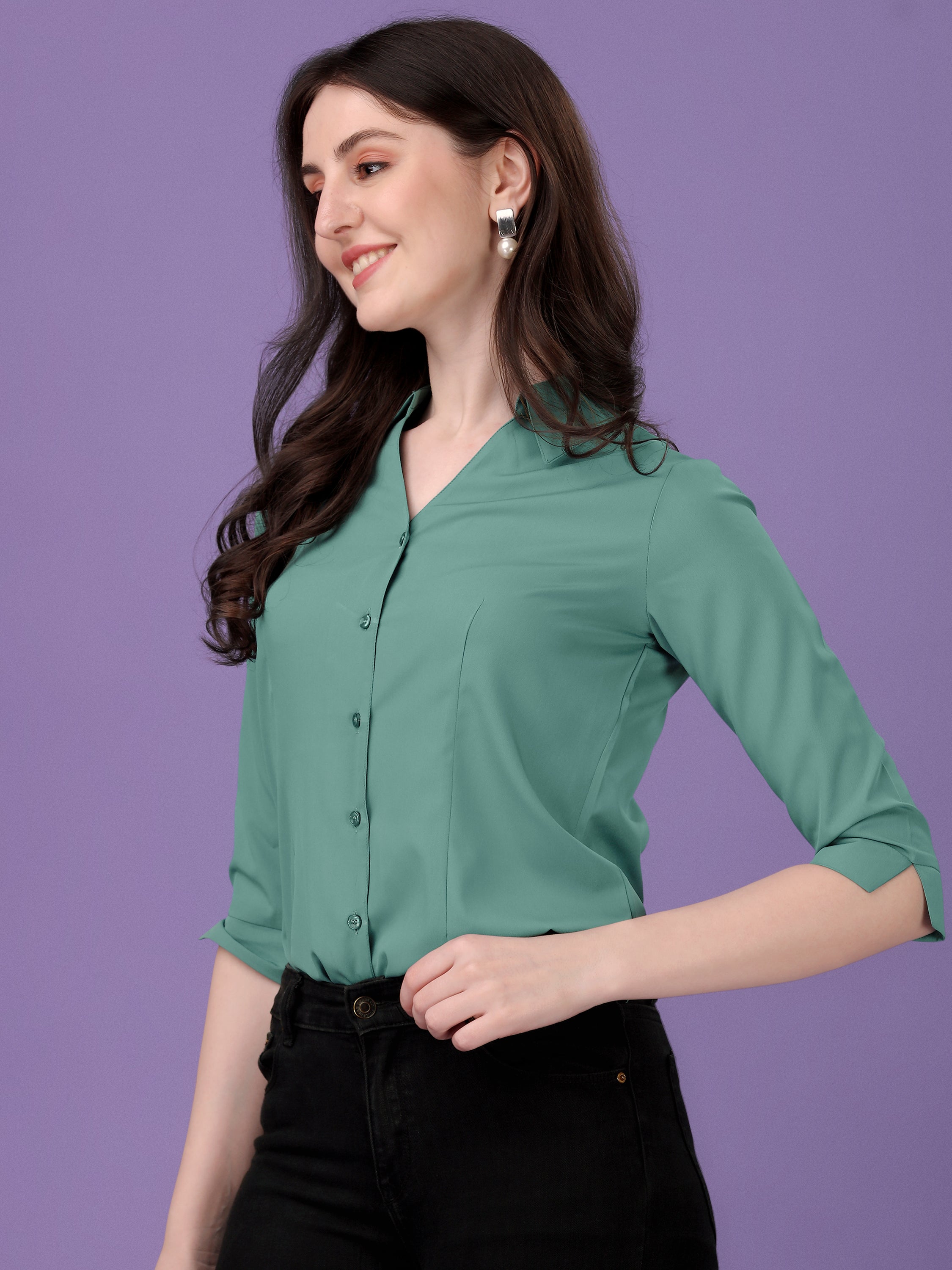 Women Regular Fit V-neck Collar Casual Solid Shirt