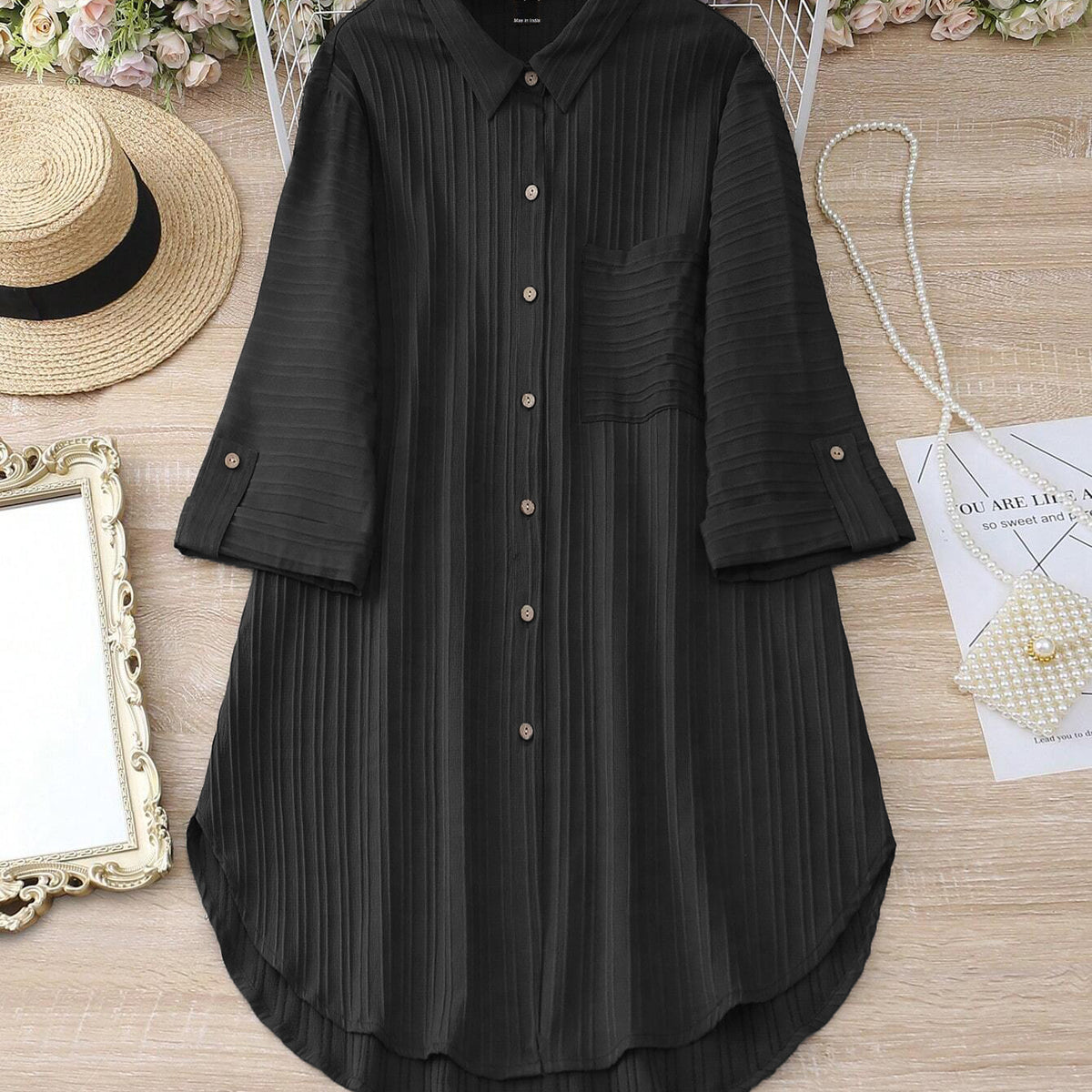 Women Striped Roll-Up Sleeves Shirt Dress