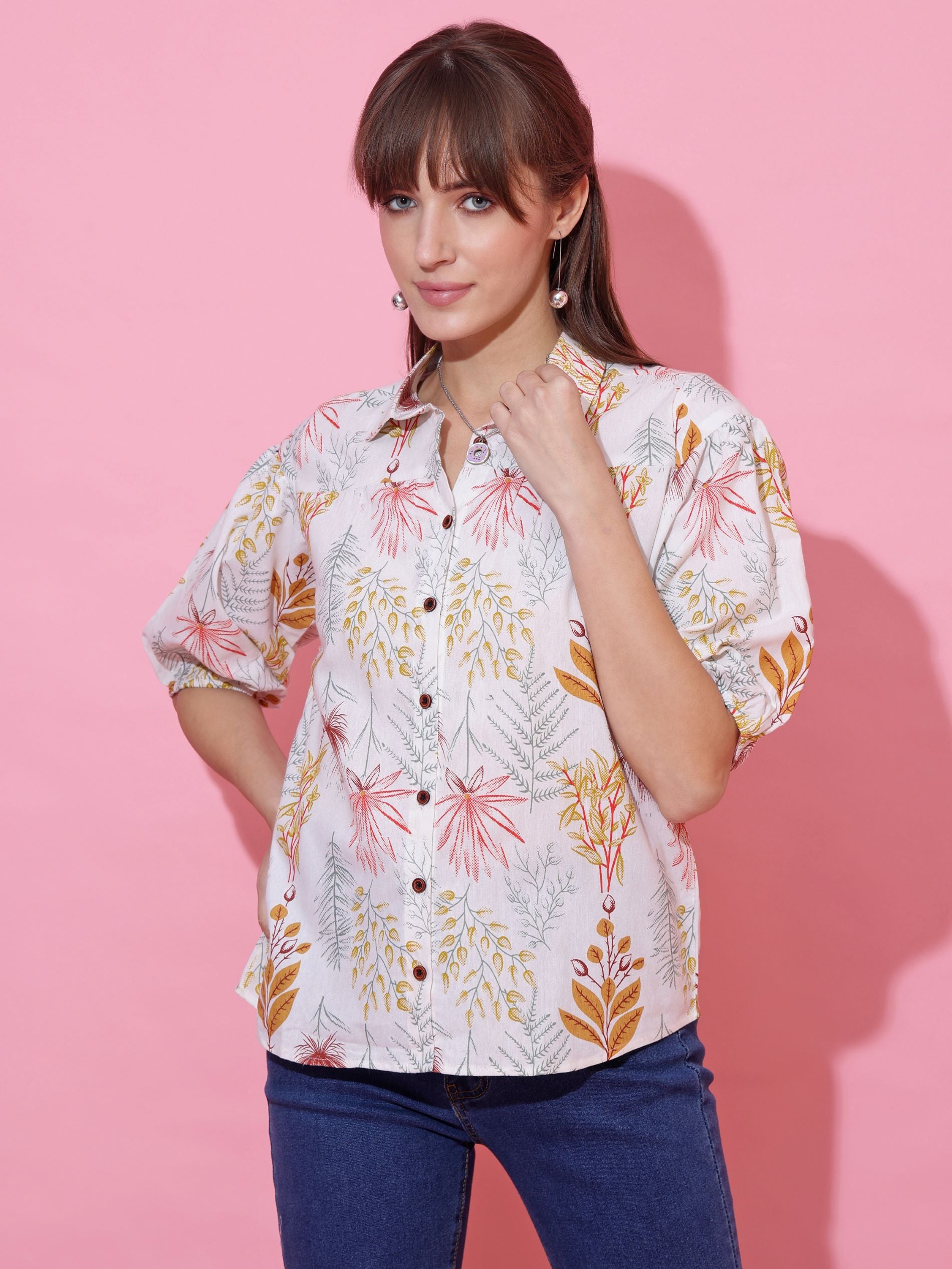 White Women Floral Printed Cotton Casual Top