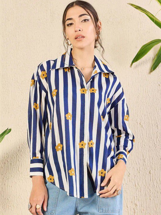 Blue & White Striped Printed Cotton Shirt with Collar for Women