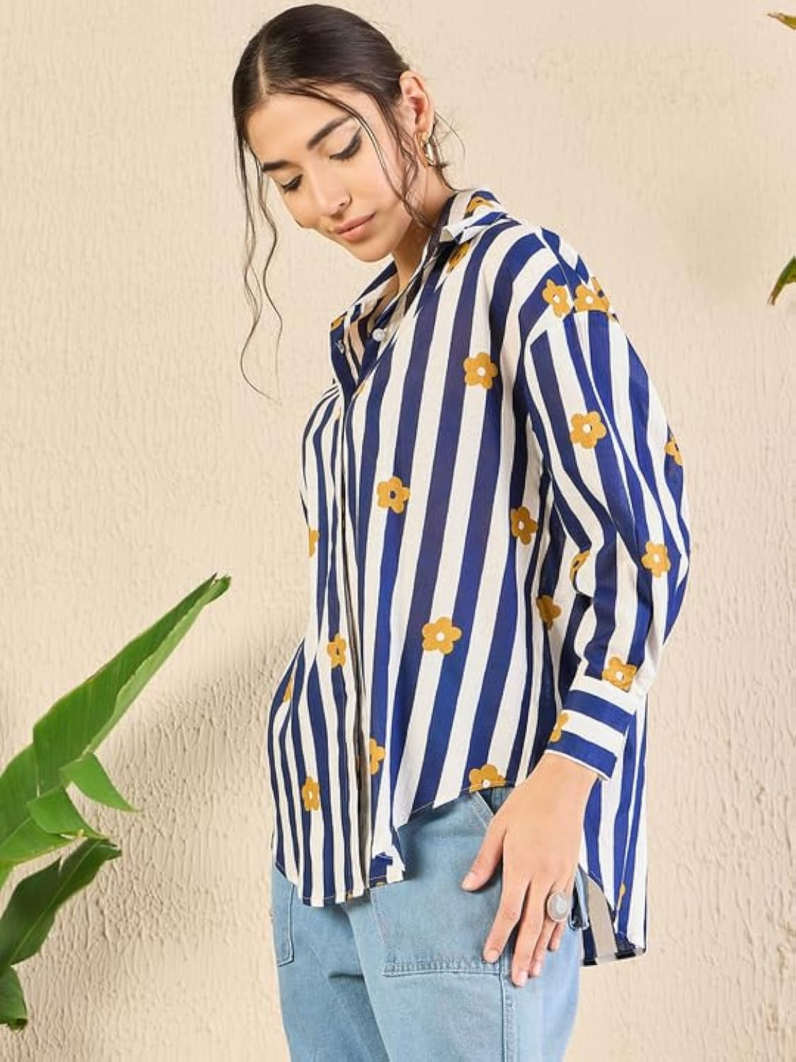 Blue & White Striped Printed Cotton Shirt with Collar for Women