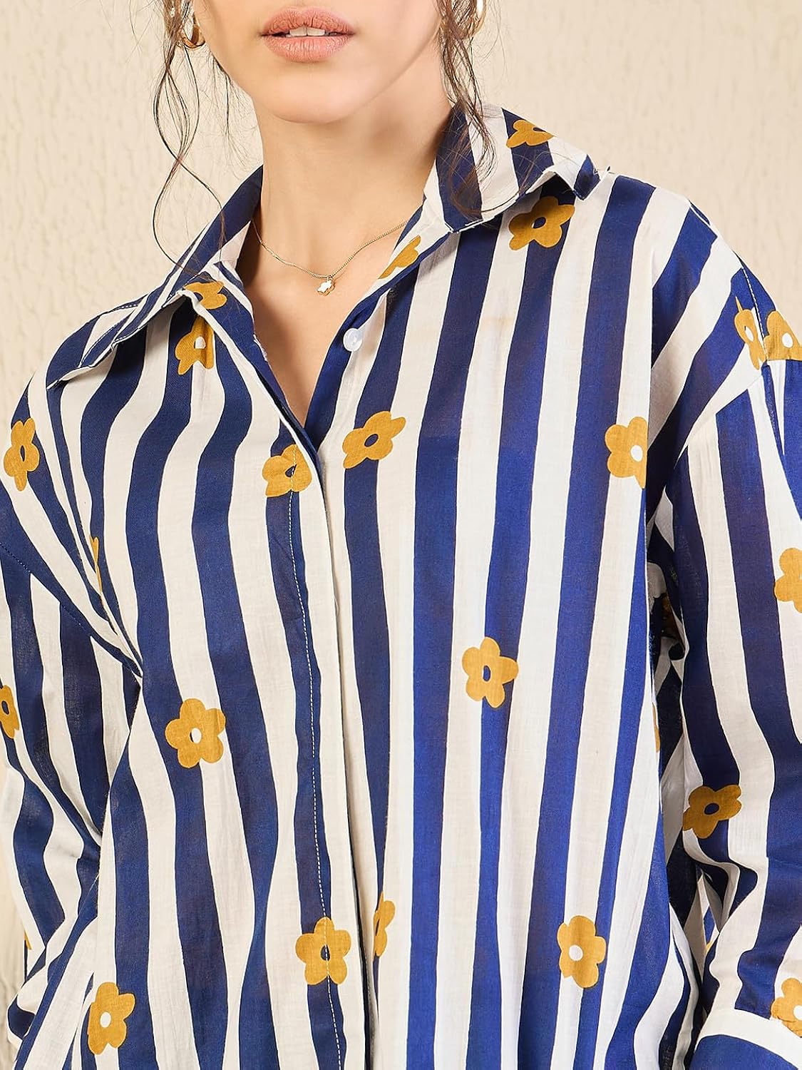 Blue & White Striped Printed Cotton Shirt with Collar for Women