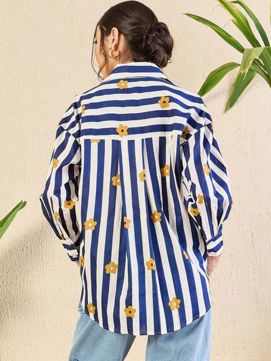 Blue & White Striped Printed Cotton Shirt with Collar for Women