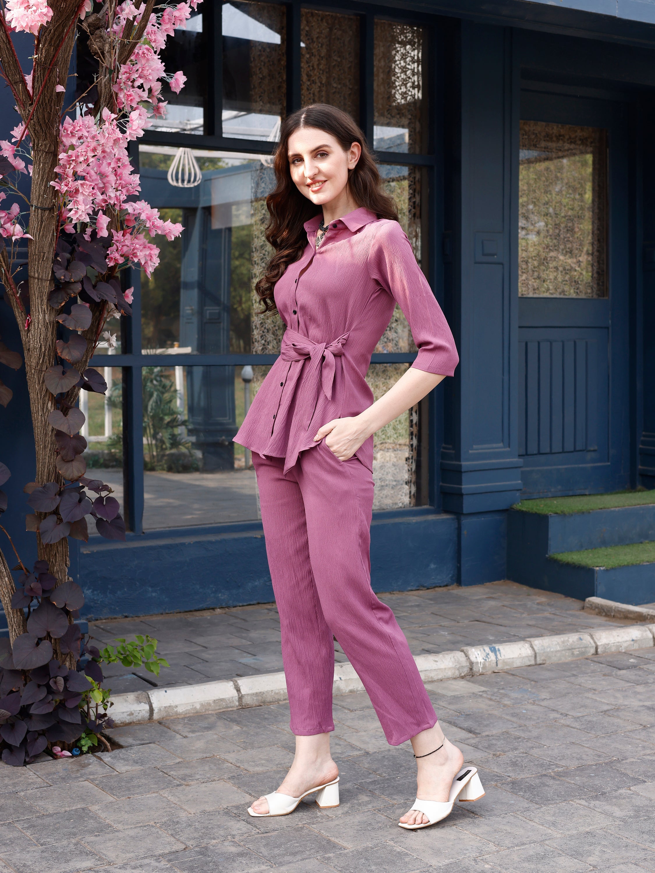 Stylish Shirt-Style Solid Co-ord Set