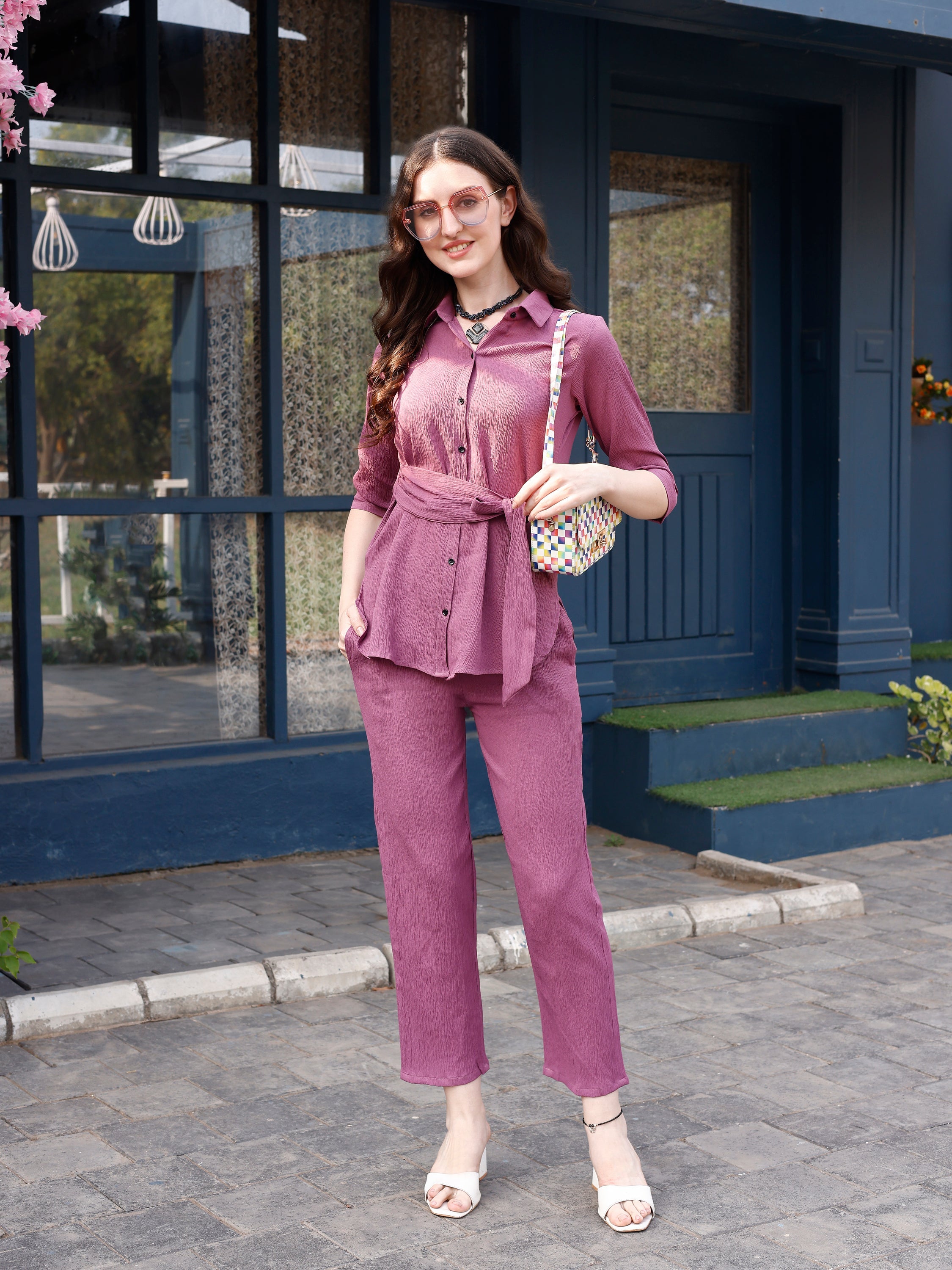 Stylish Shirt-Style Solid Co-ord Set