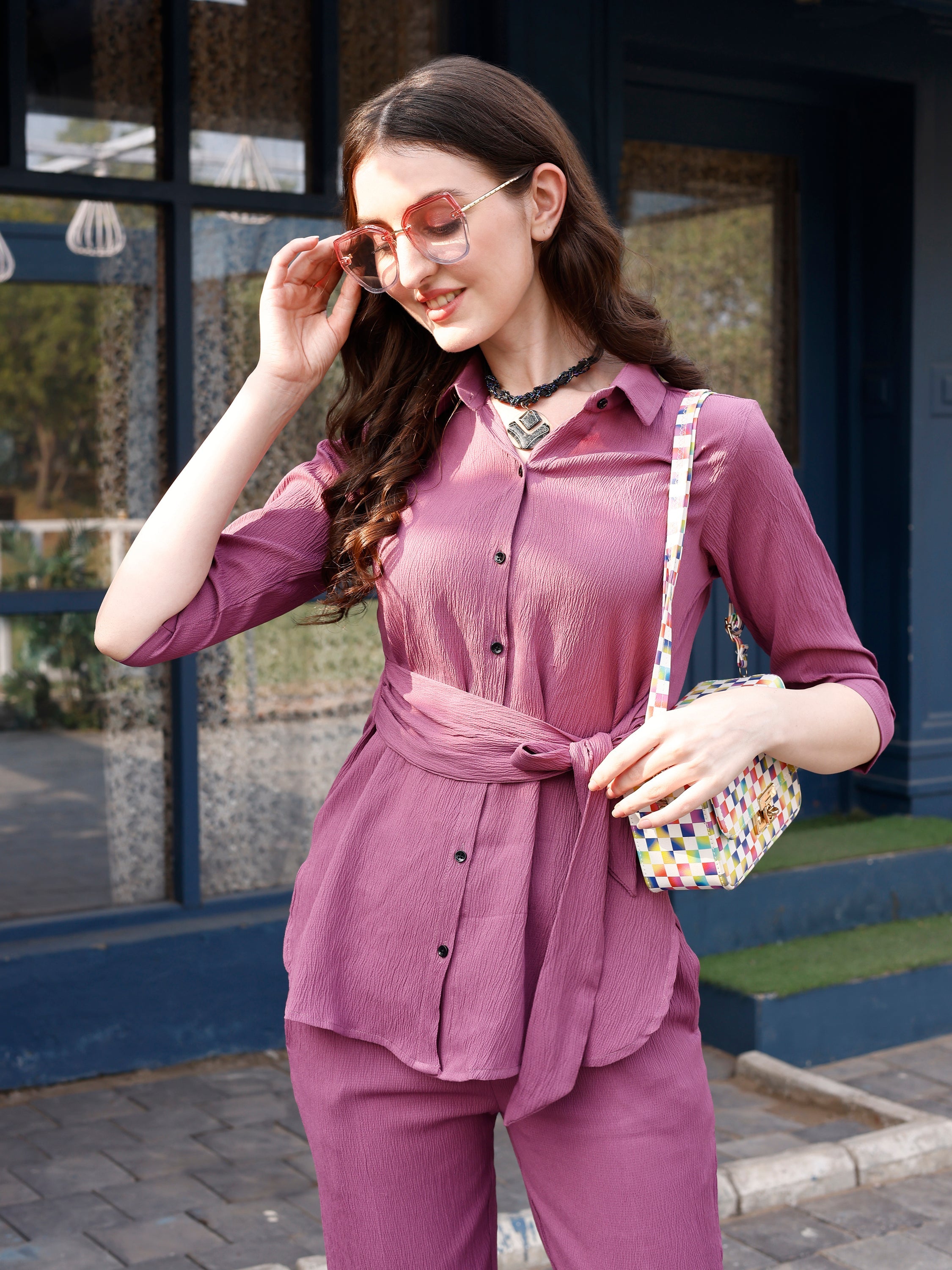 Stylish Shirt-Style Solid Co-ord Set