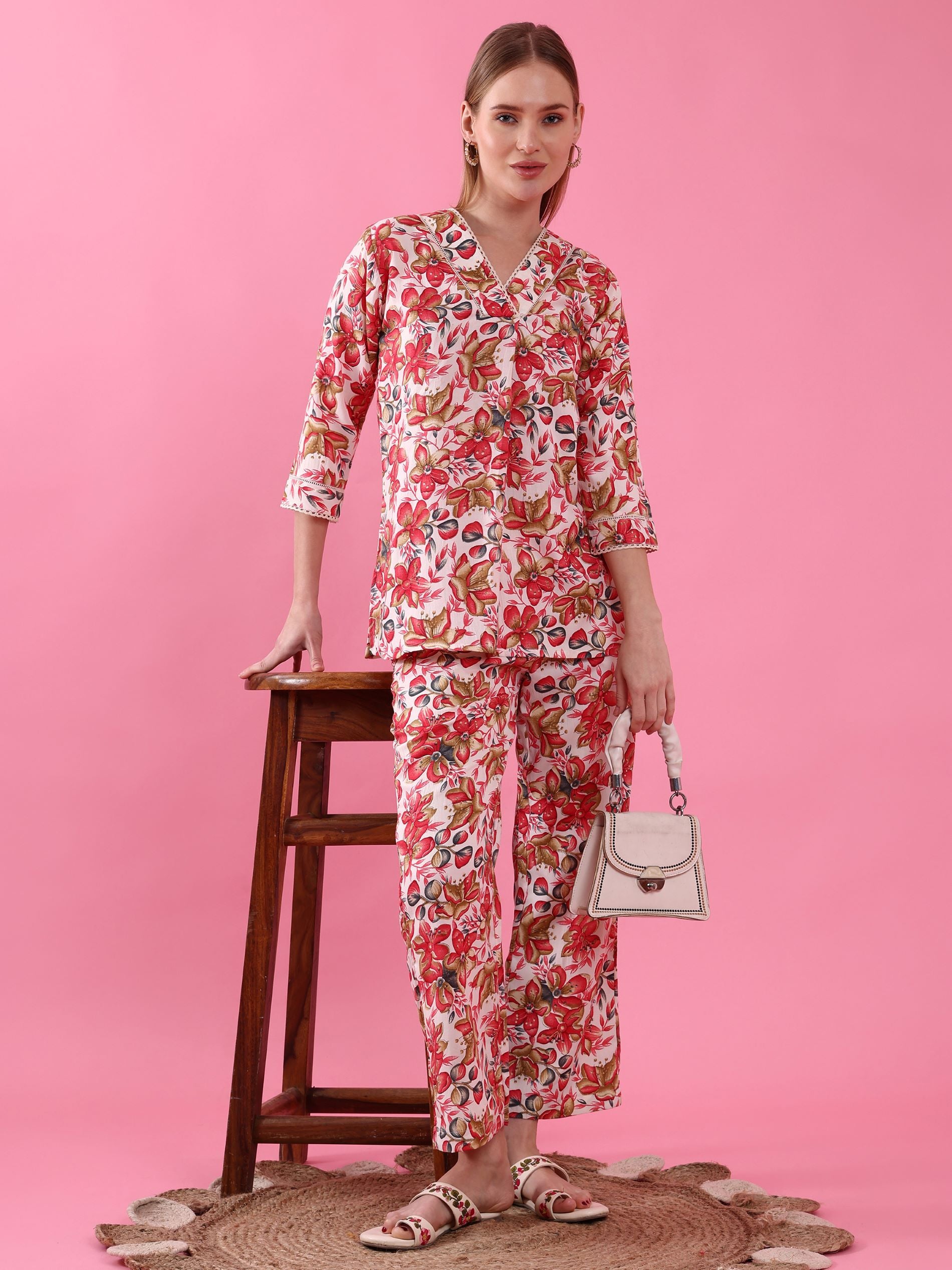 Multi-Colored Floral Printed V-Neck Co-ords Set