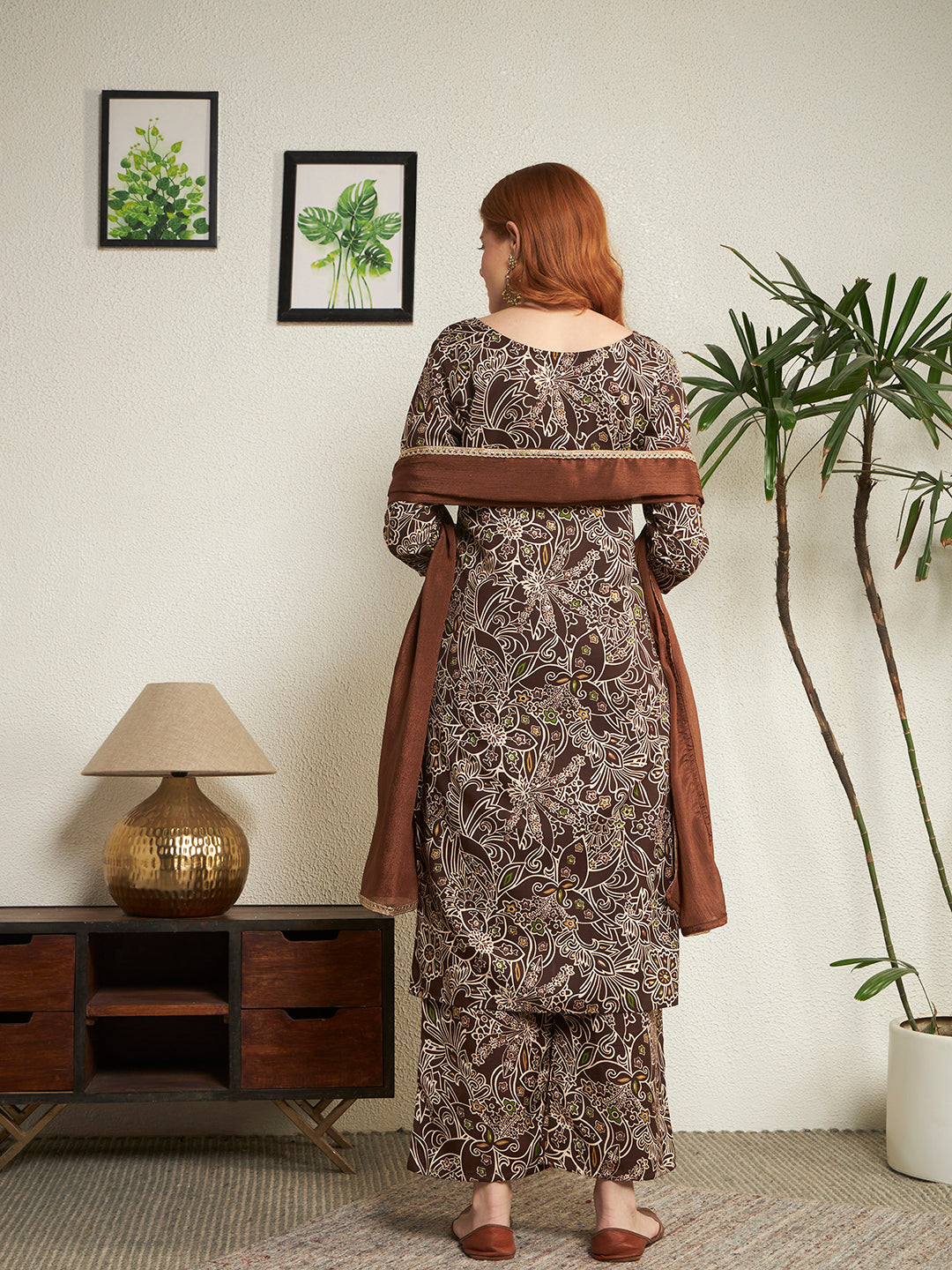 Women's Brown Floral Printed Round Neck Yoke Printed Kurta Palazzo with Dupatta Set