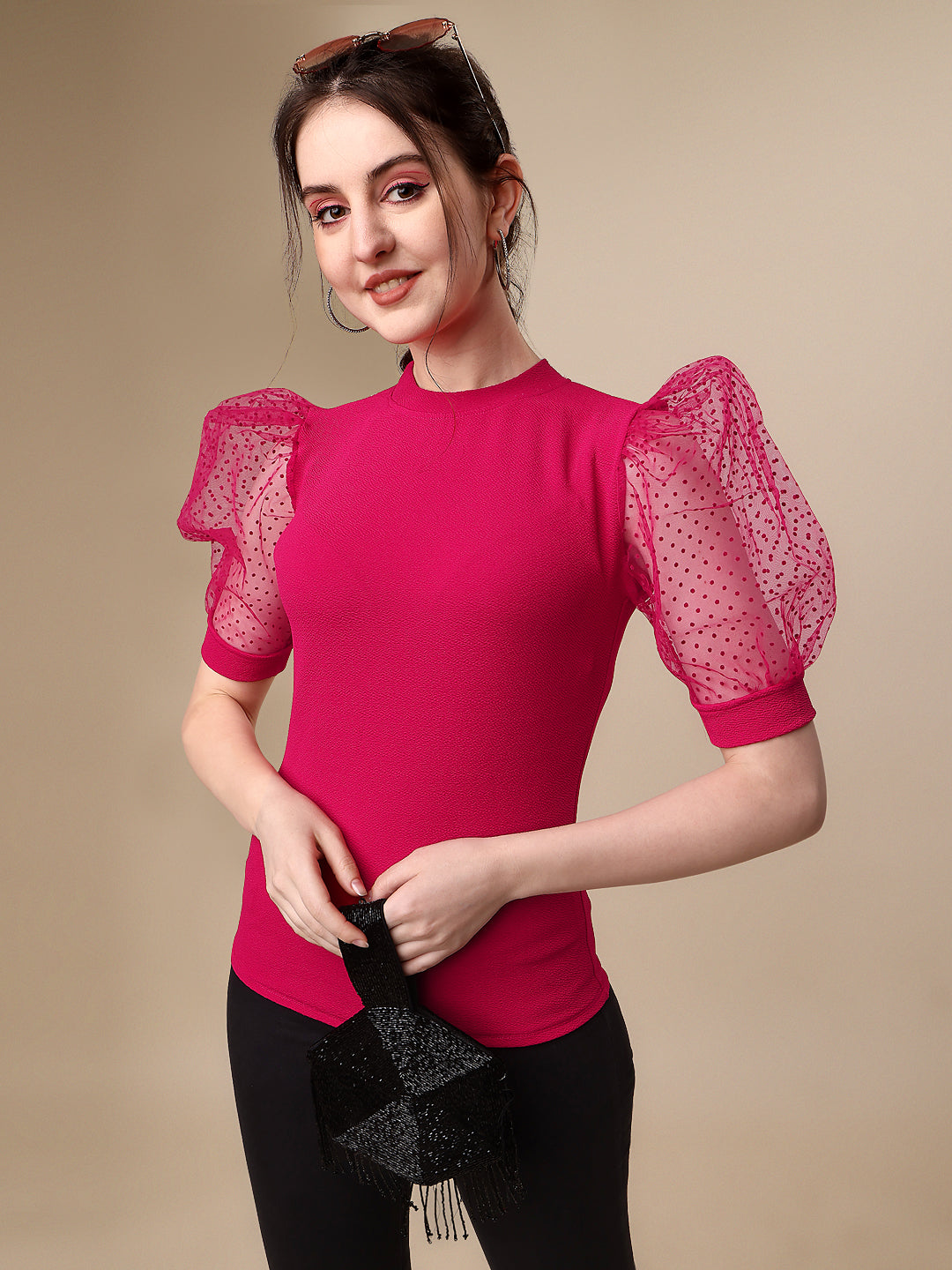 Slim Fit Puff Sleeves Round Neck Solid Women Top