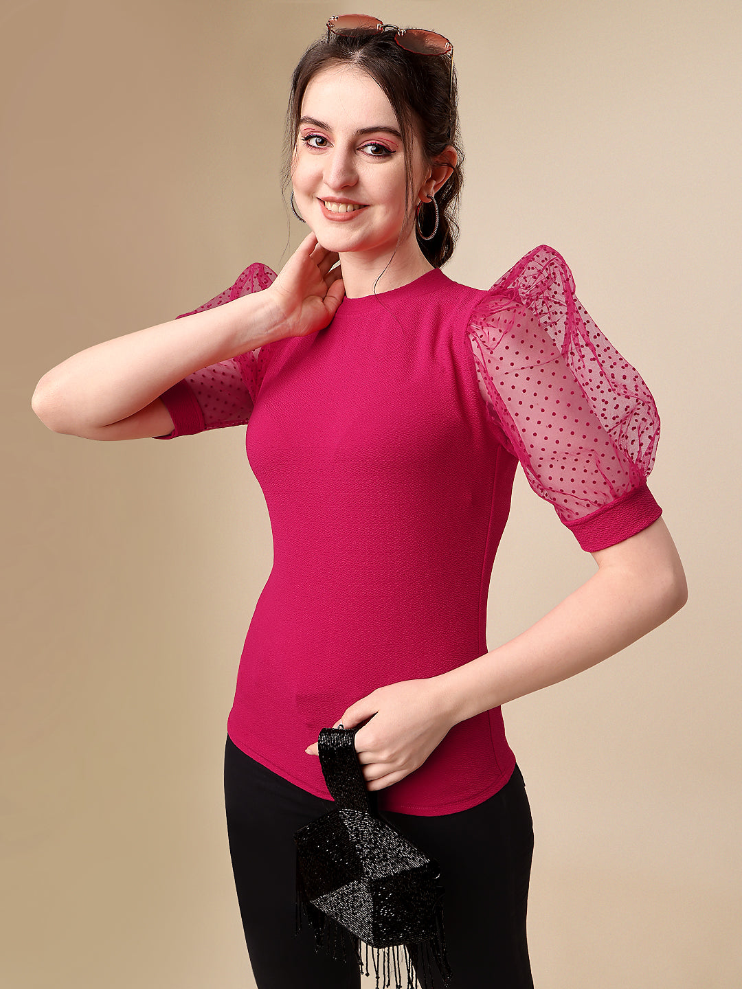 Slim Fit Puff Sleeves Round Neck Solid Women Top